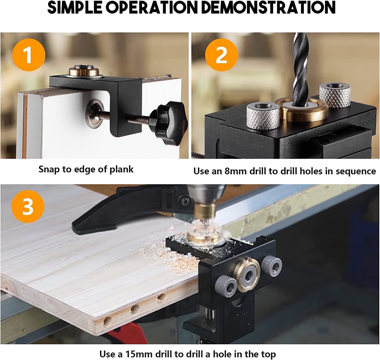 Dima Fori a Tasca Kit 8/10/15mm,Aomdom 3 in1 Dima per spinatura legno per la lavorazione del legno con clip di posizionamento di regolabile Localizzatore Guida di Perforazione Regolabile