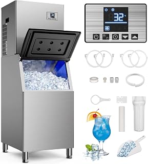 680 LBS/24H Commercial Ice Machine with 560 LBS Storage Bin, Ice Cubes Ready in 5-15 min, Stainless Steel Industrial Ice Maker, Self-Cleaning, Timing Function, Adjustable Ice Thicknesses