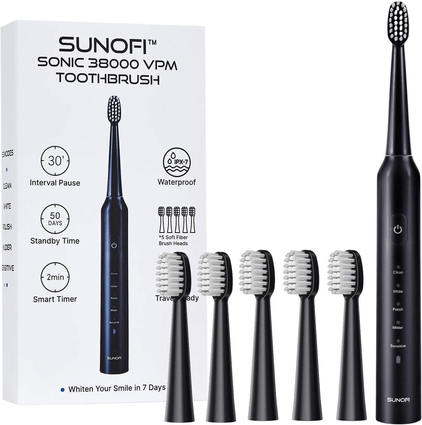 Sonic Electric Toothbrush Set for Adults, 5 Modes Rechargeable Toothbrush with 5 Brush Heads, 50-Day Battery Life, IPX7 Waterproof, 2-Min Smart Timer (Black) Sonic Electric Toothbrush Set for Adults, 5 Modes Rechargeable Toothbrush with 5 Brush Heads, 50-Day Battery Life, IPX7 Waterproof, 2-Min Smart Timer (Black)