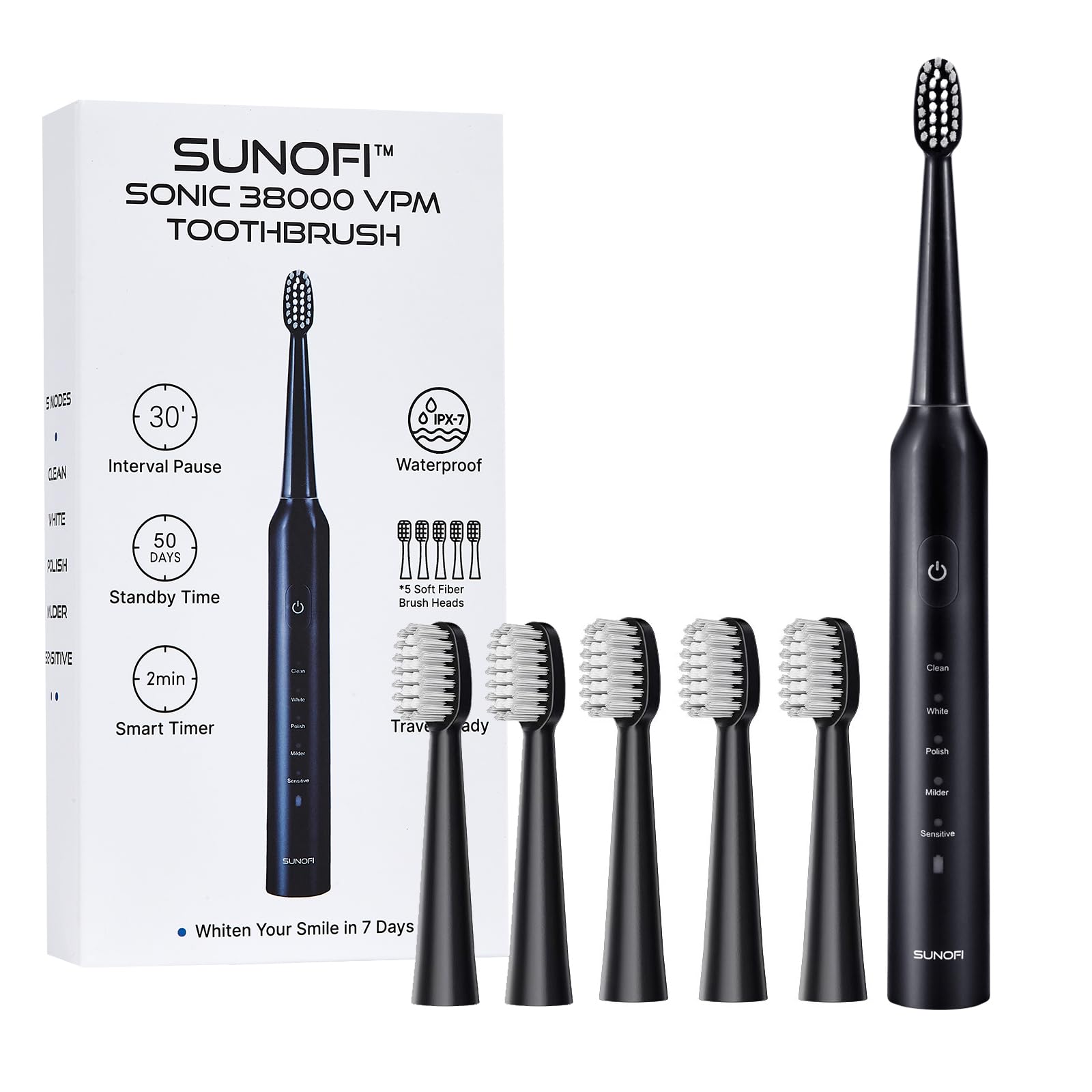 Sonic Electric Toothbrush Set for Adults, 5 Modes Rechargeable Toothbrush with 5 Brush Heads, 50-Day Battery Life, IPX7 Waterproof, 2-Min Smart Timer (Black)-image-38