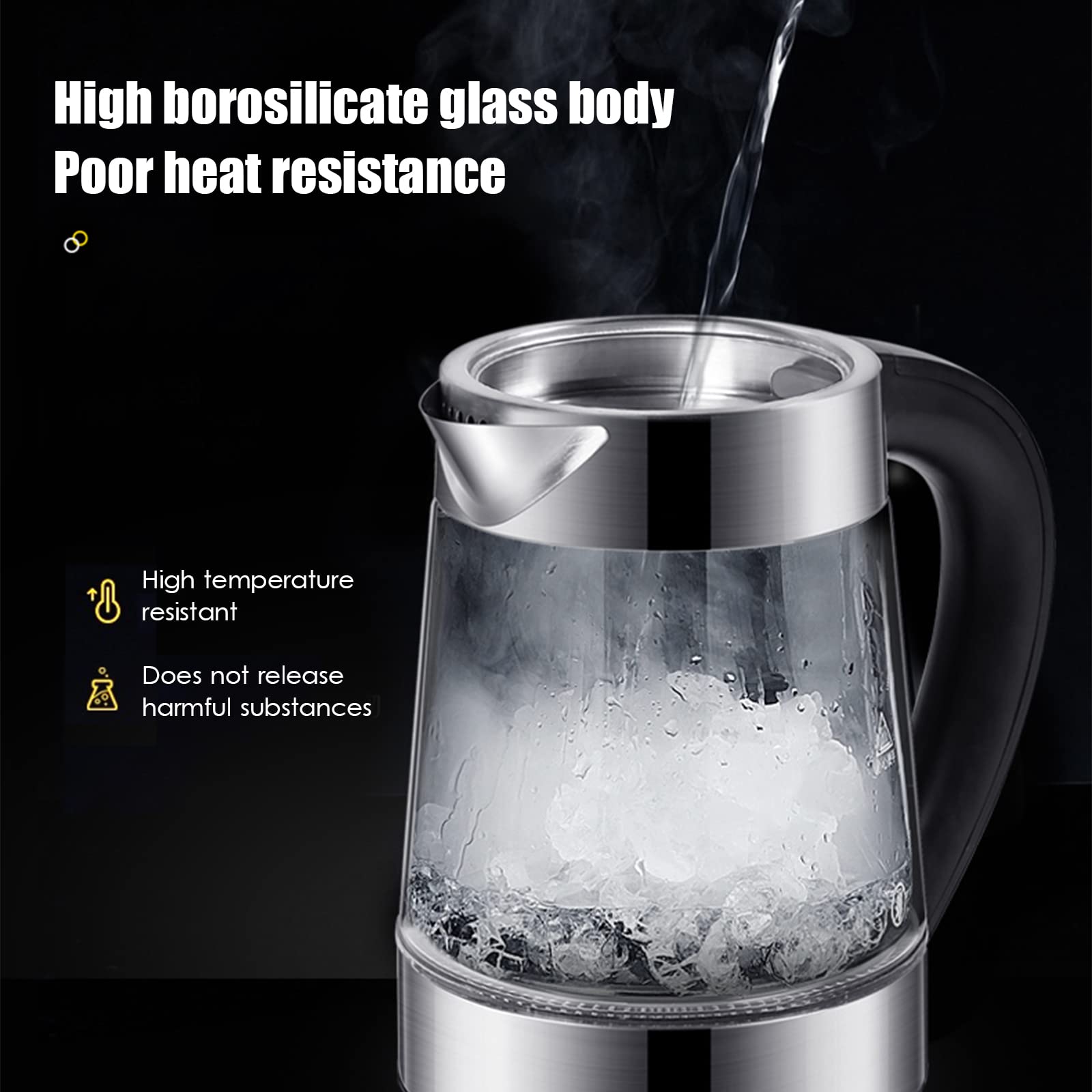 Bollitore Elettrico Bollitore per Acqua in Vetro da 2 Litri con Indicatore Luminoso a Led, Bollitore a Bollitura Rapida da 1500 W, con Filtro in Acciaio Inossidabile, Coperchio Interno e Fon