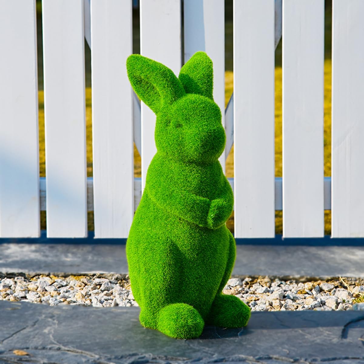 13.2 Inch Green Flocked Standing Bunny Garden Statue, Large Rabbit Figurine Resin Animal Sculpture Outdoor Easter Decor for Patio Lawn Yard Balcony Ornaments