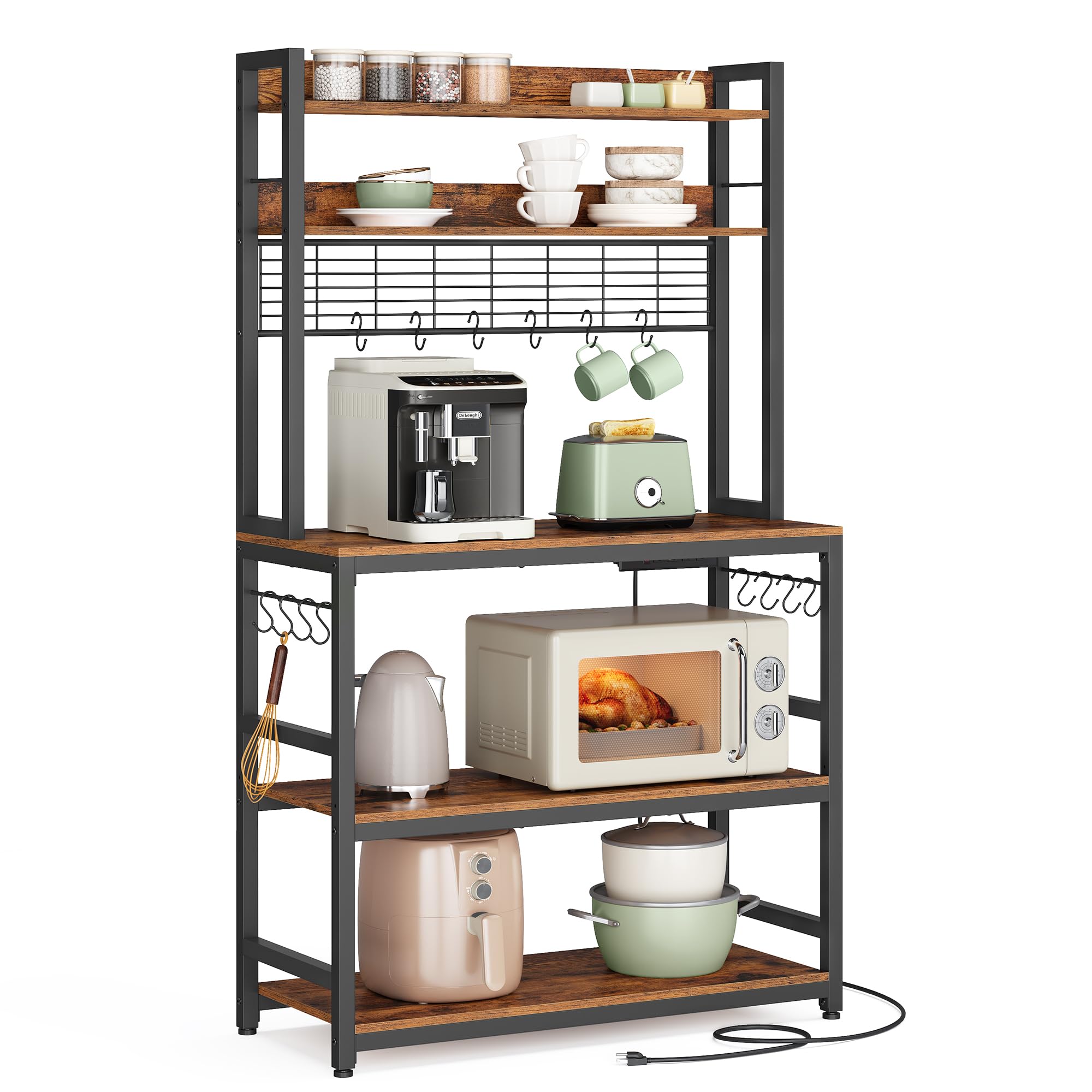 Bakers Rack with Power Outlet, Microwave Stand, Kitchen Tall Utility Storage Shelf, with Metal Wire Panel, 14 Hooks, 15.7 x 31.5 x 66.9 Inches, Rustic Brown and Ink Black UKKS025B01