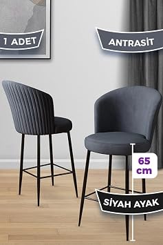 Alte Serisi 65 cm Antrasit Ada Mutfak Bar Sandalyesi, Babyface Kuma , Siyah Metal Ayakl