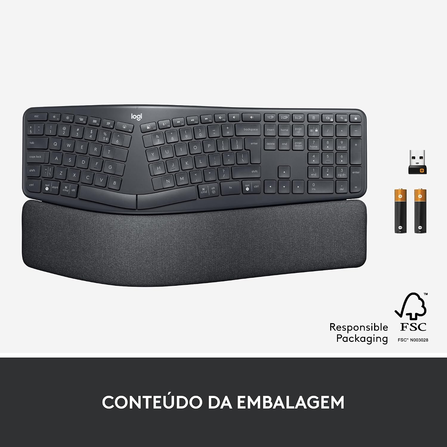 Teclado sem fio Logitech ERGO K860 com Layout de Teclado Dividido, Suporte para Descanso de Pulso, Tecido Resistente a Manchas, Conexão Bluetooth e USB - Compatível com Windows e Mac.