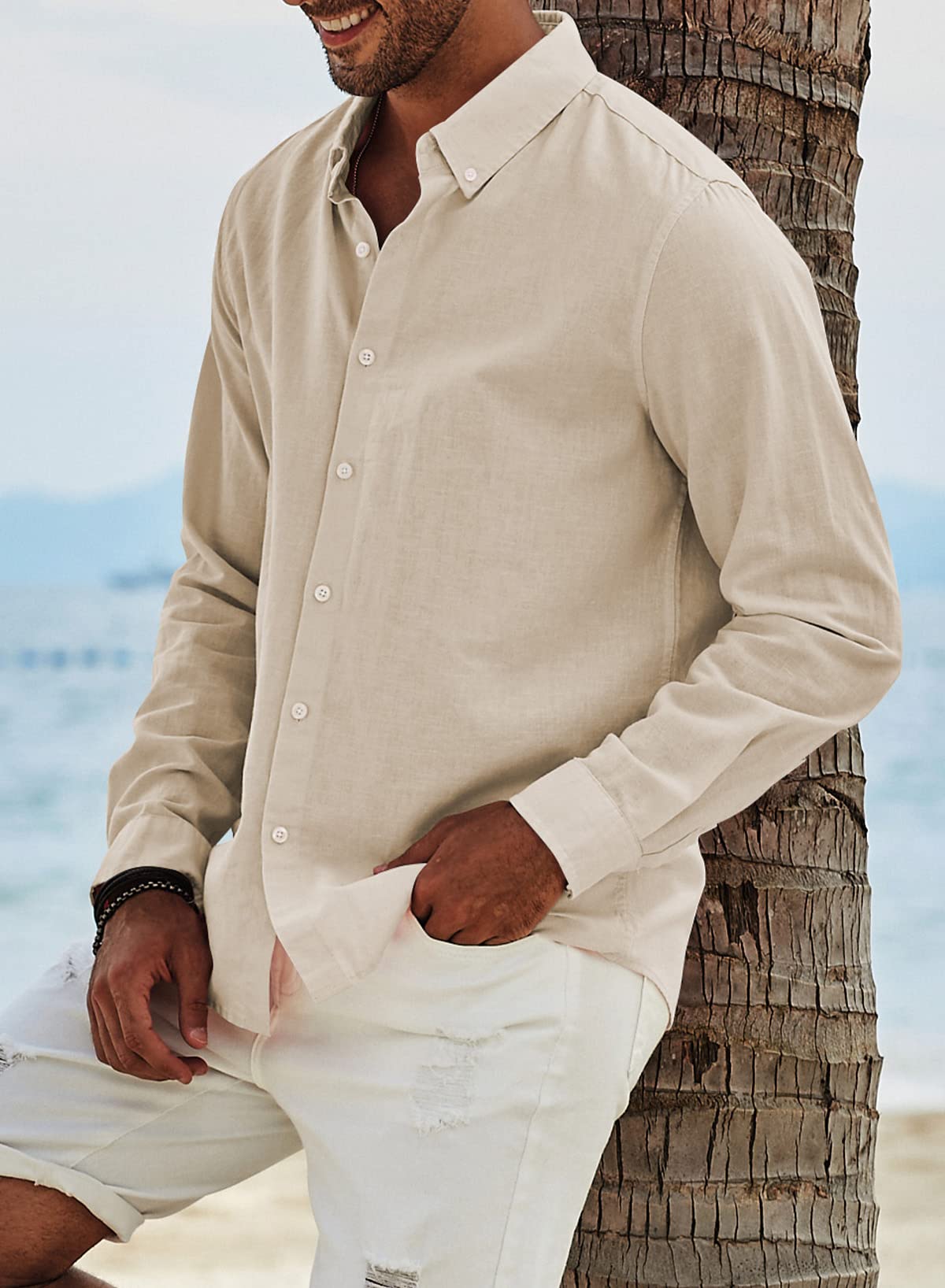 Elegancity Chemise en Lin pour Homme Manches Longues Boutonnée Coupe Régulière Uni Chemise de Plage décontractée d'été