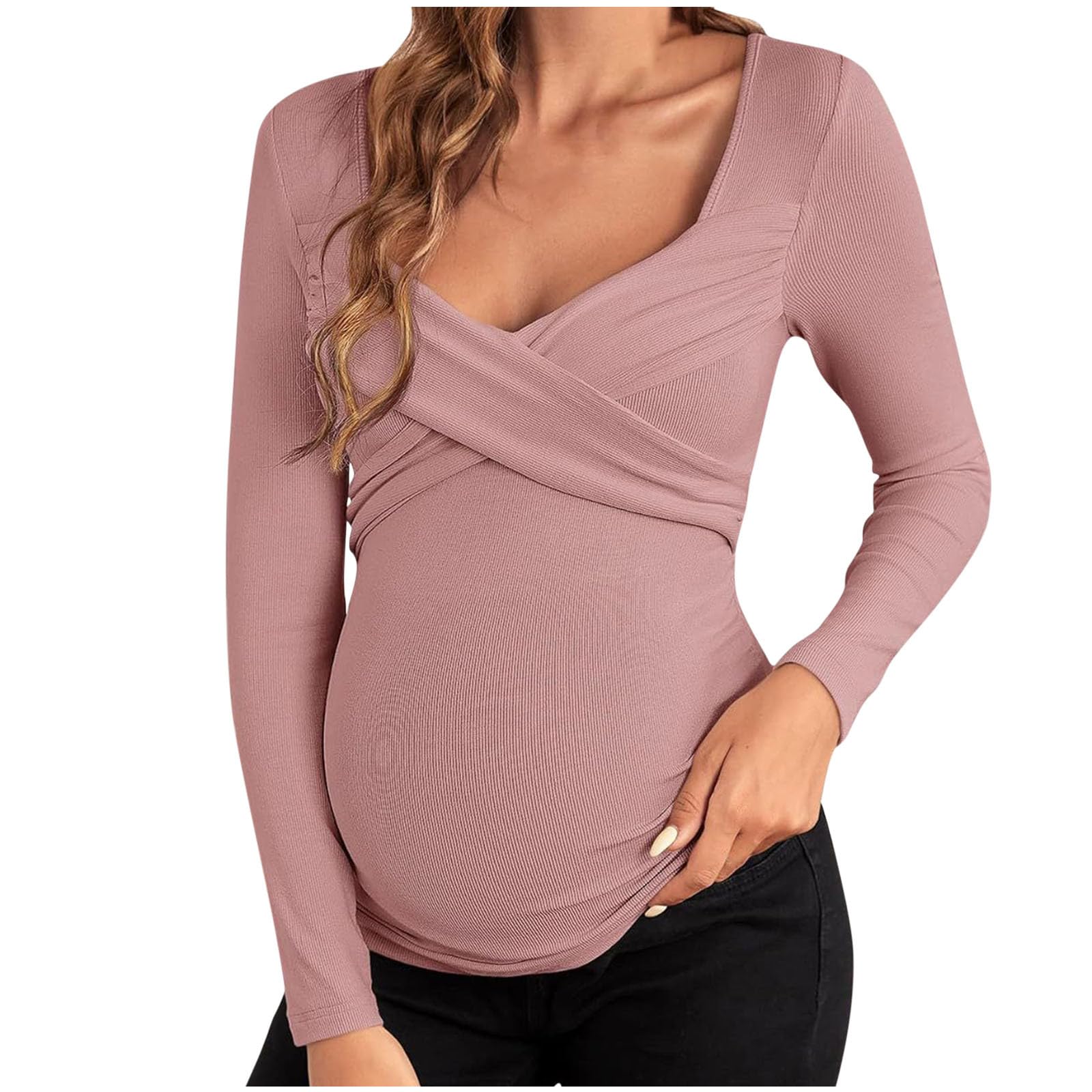 Women's Maternity Shirts Solid Color Cross Wrap Sweetheart Neck Long Sleeve Blouse Stretchy Pregnancy Tops