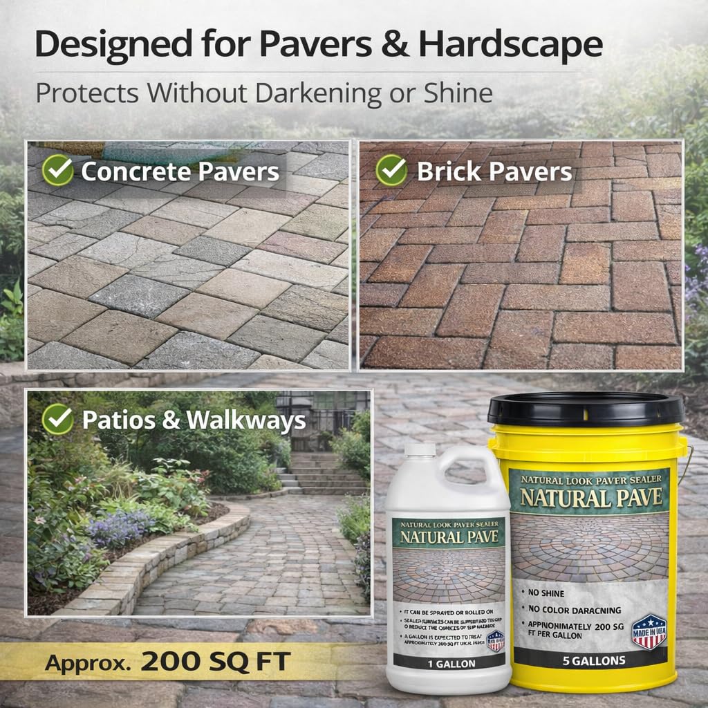 Natural Pave Concrete & Paver Sealer – Clear, Water-Based Masonry Protection – Waterproof, UV Resistant, Locks Joint Sand & Enhances Color – Durable Paver & Patio Surface Protection - 5 Gallon