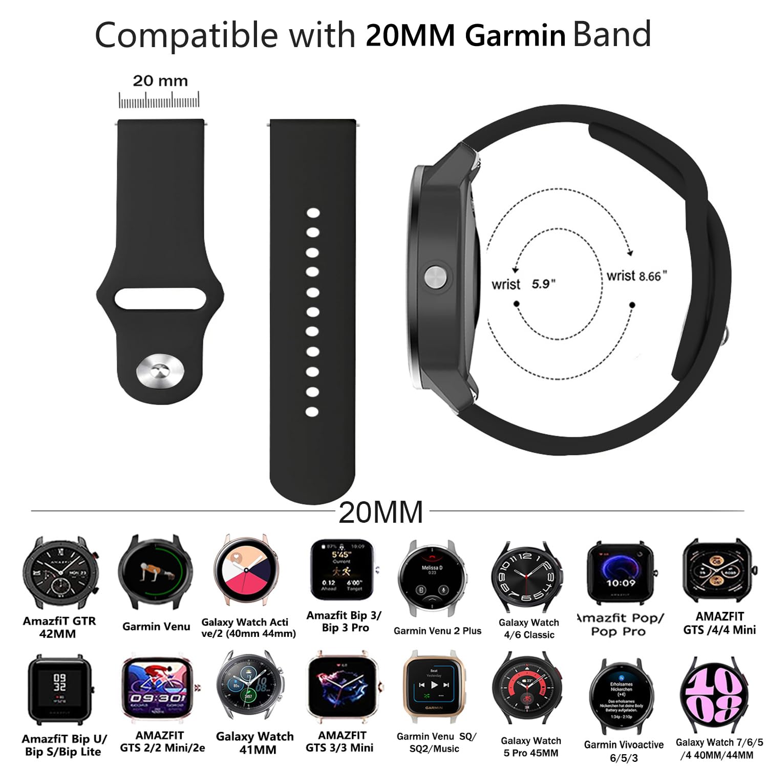 Issinlky Pasek sportowy Soft Silicone do Garmin Venu Sq/Music/Sq 2/Music, 20mm do Garmin Venu 2 Plus/Vivoactive 6/5/3/Vivomove HR/Forerunner 55 245 645