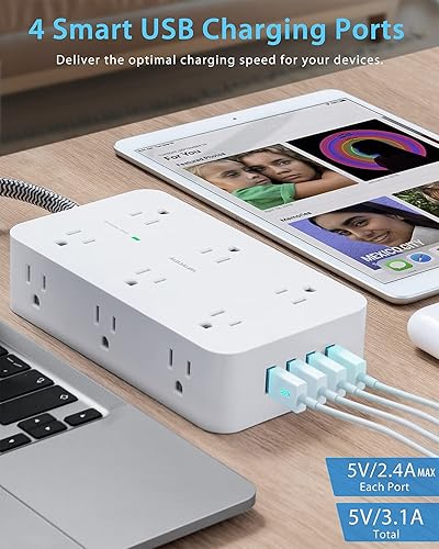 Miniatura 5 de Regleta protectora de sobretensiones - 8 y 12 tomas amplias con 4 puertos de carga USB, extensor de 3 salidas laterales con cable de extensión