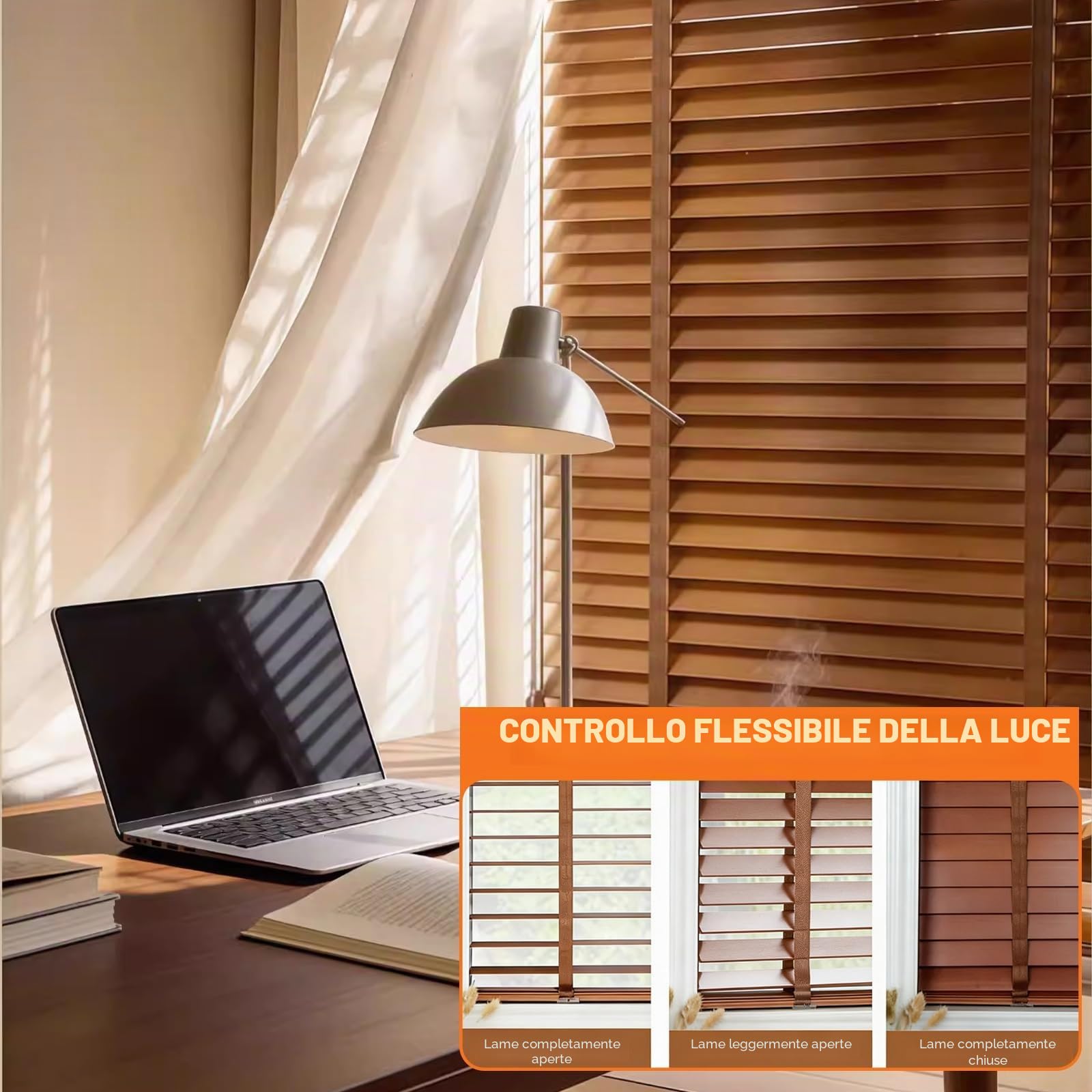 Tende Veneziana In Legno Su Misura 45 60 90 125 130 160cm Veneziane Da Interno/Esterno Senza Fori Per Finestre, 50mm Lamelle Privacy Orizzontali Oscurante Persiane Per Ufficio(Mocha)
