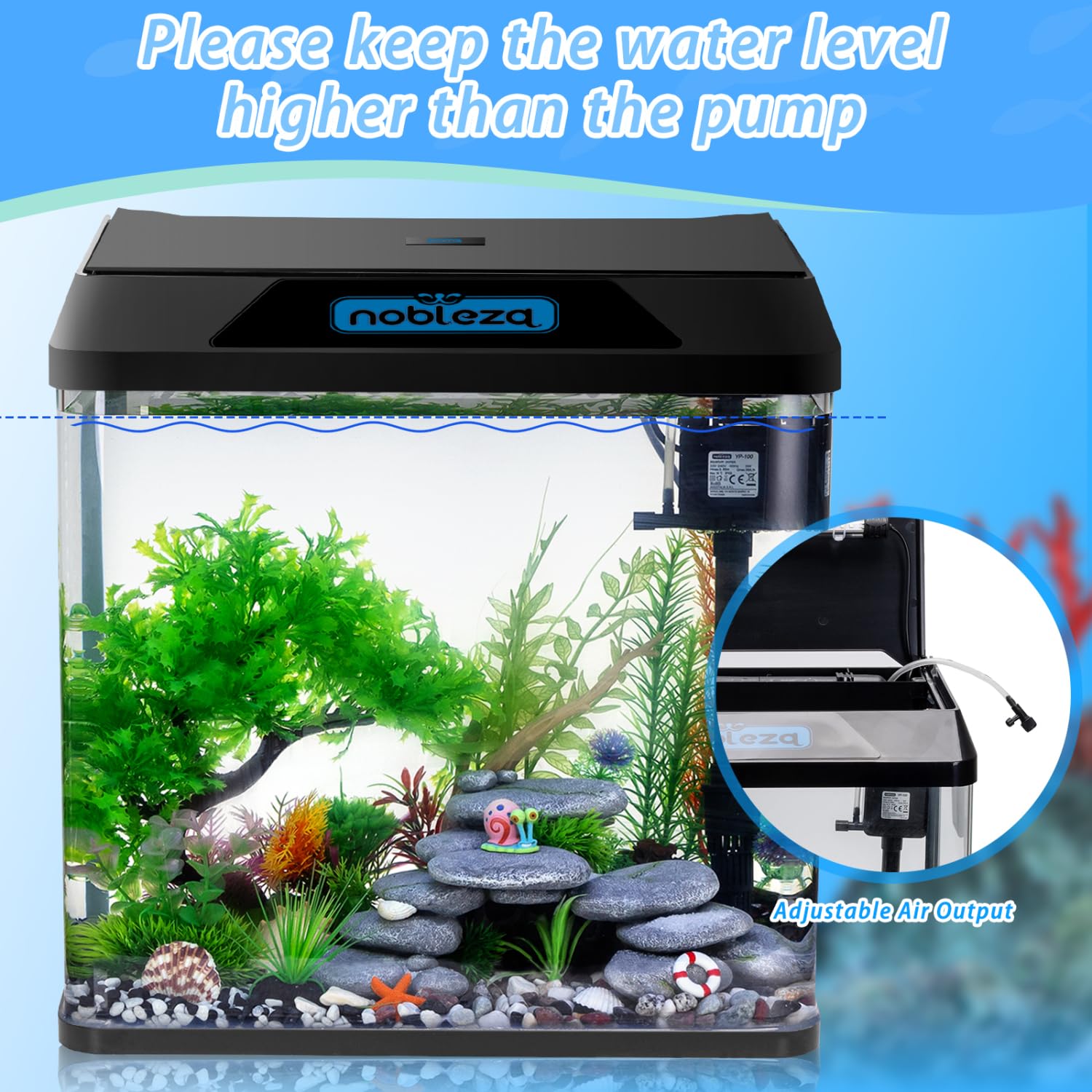 Nobleza - Acuario 30L con Filtro Integrado y Luz LED, Pecera de Cristal Completa para Peces, Acuario de Iniciación para Hogar y Oficina - Negro
