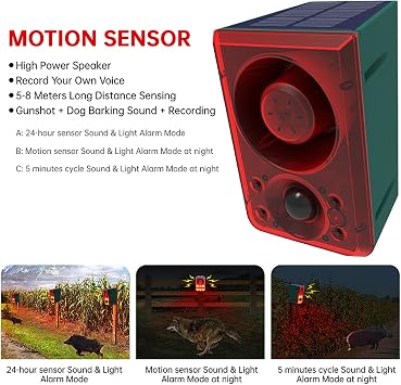 Solar Motion Sensor Alarm Outdoor: RISOON 130db Sound Security Siren Light with Remote Controller Adjustable Volume Recording Function Solar Warning Light for Home, Villa, Farm, Barn, Yard