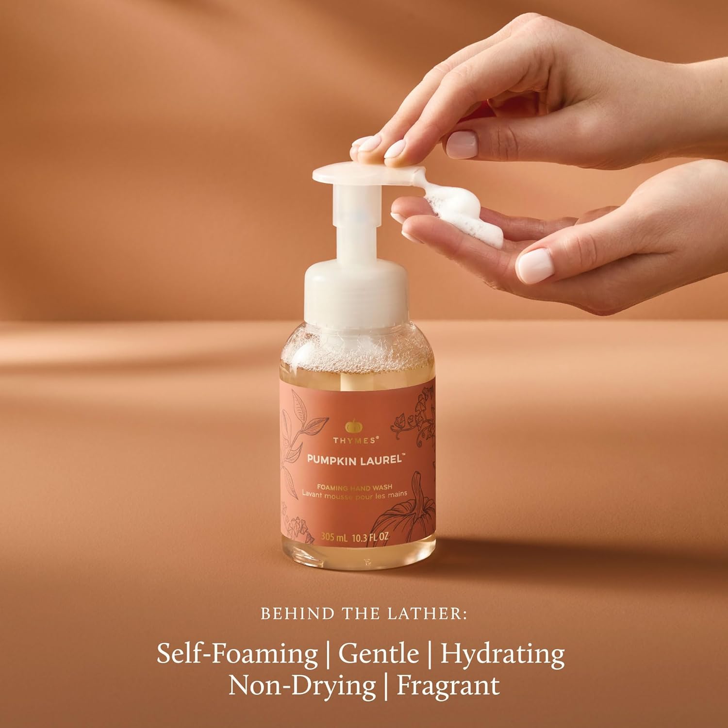 Thymes Foaming Hand Wash with Aloe & Glycerin - Fall Scented Foaming Hand Soap with Pump - Fall Decor - Fall Soap with Notes of Nutmeg, Cinnamon, Clove & Creamy Pumpkin (Pumpkin Laurel, 10.3 fl oz) - Image 5