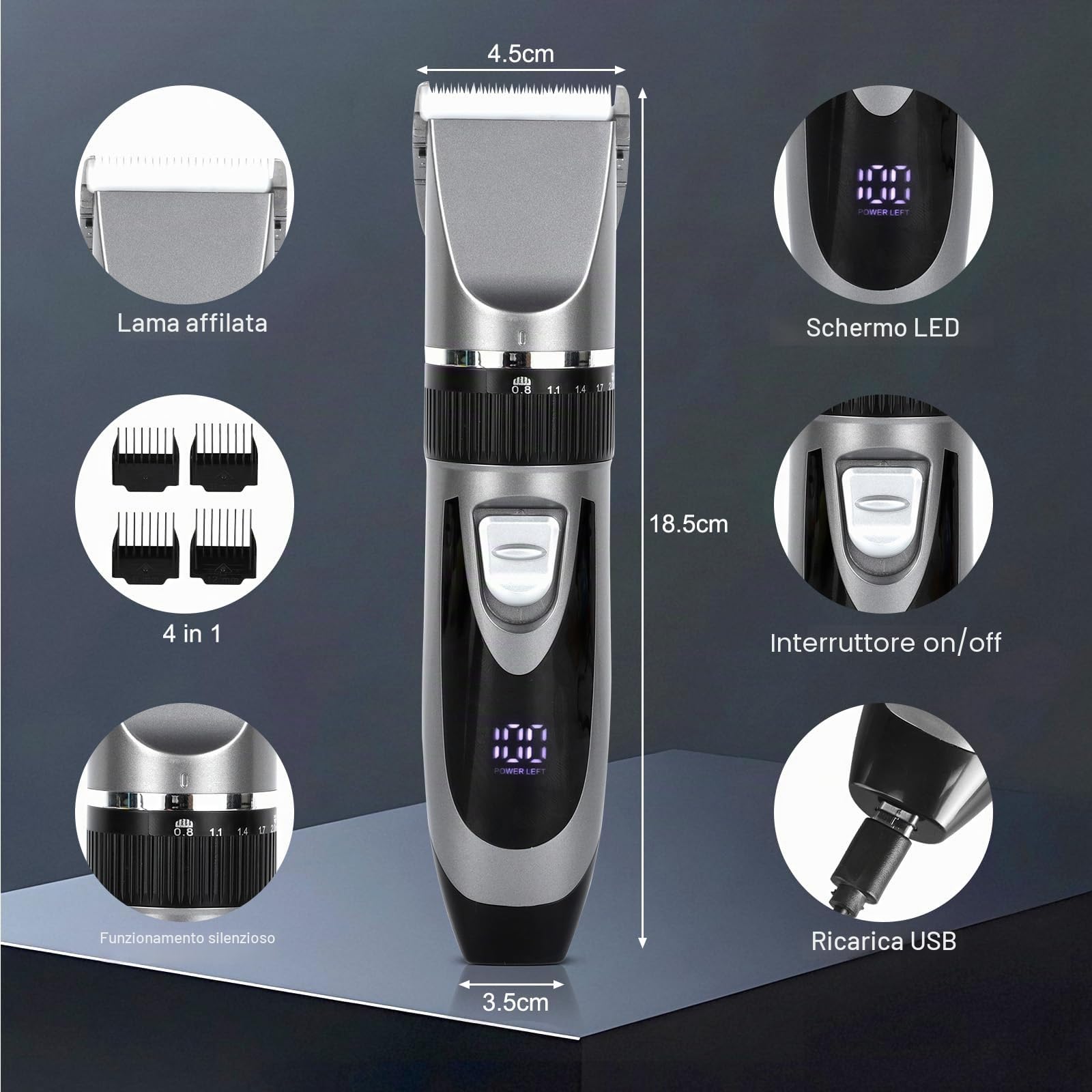 Cozary Rasoio Elettrico Barba, Macchinetta per Capelli, Tagliacapelli Uomo Professionale, Ricarica USB con Display a LED, 4 Pettini Guida, Senza Fili Trimmer, Regolabarba Uomo per Famiglia/Barbiere