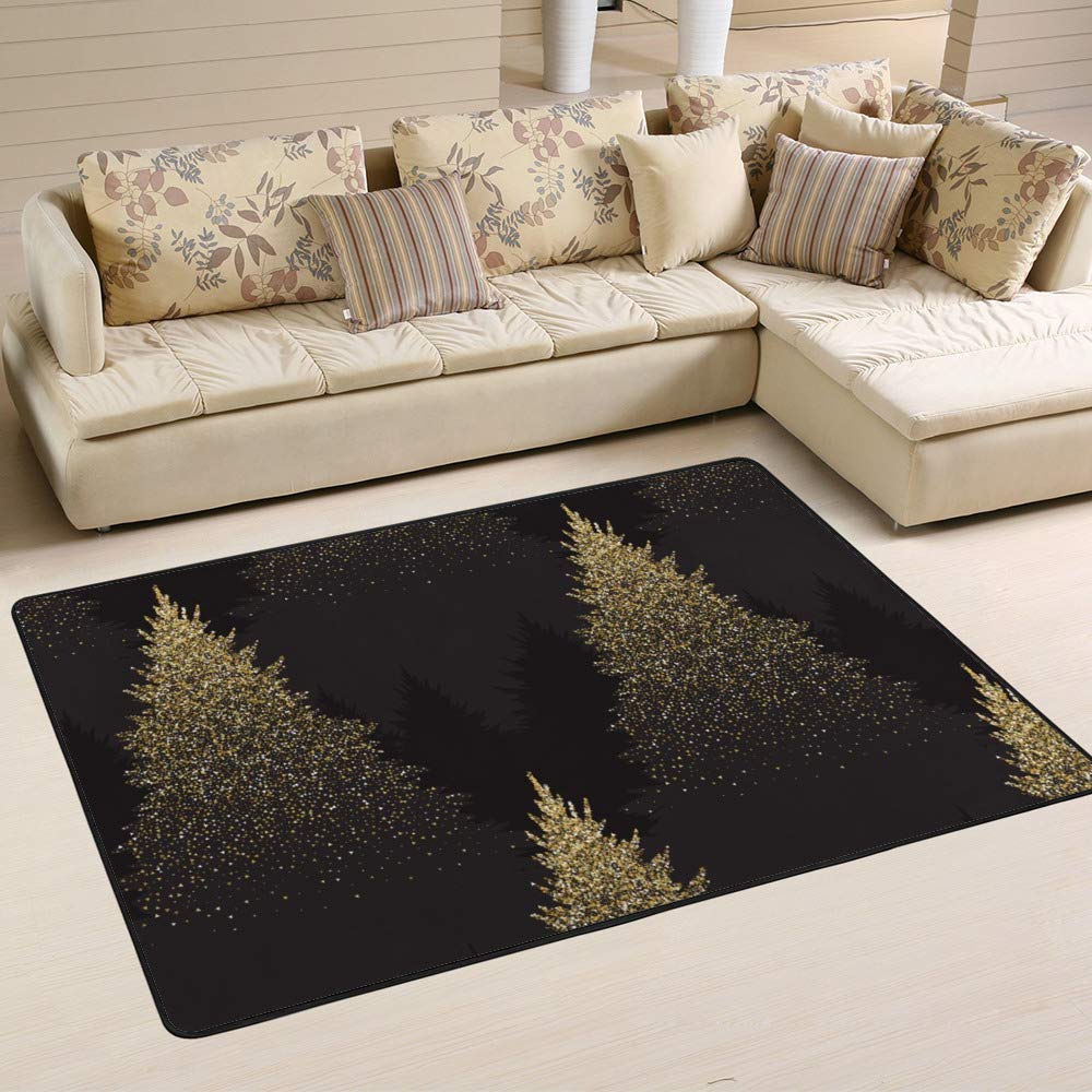 Tapis de salon résistant Ruchen imprimé sapins dorés 72x48 pouces