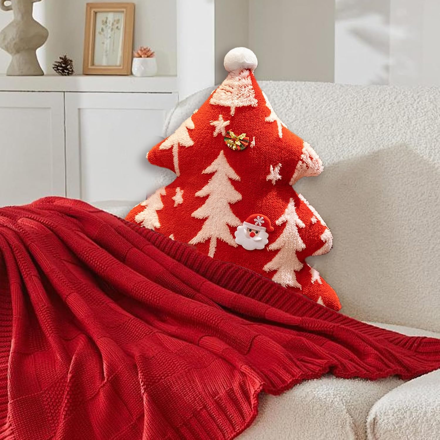 Christmas Tree Pillow, Plush Stuffed Decorative Cushion for Holiday Home Decor, 19.69 inches Soft Boho Accent Pillow with Cozy Design for Bedroom, Living Room, Sofa, Couch