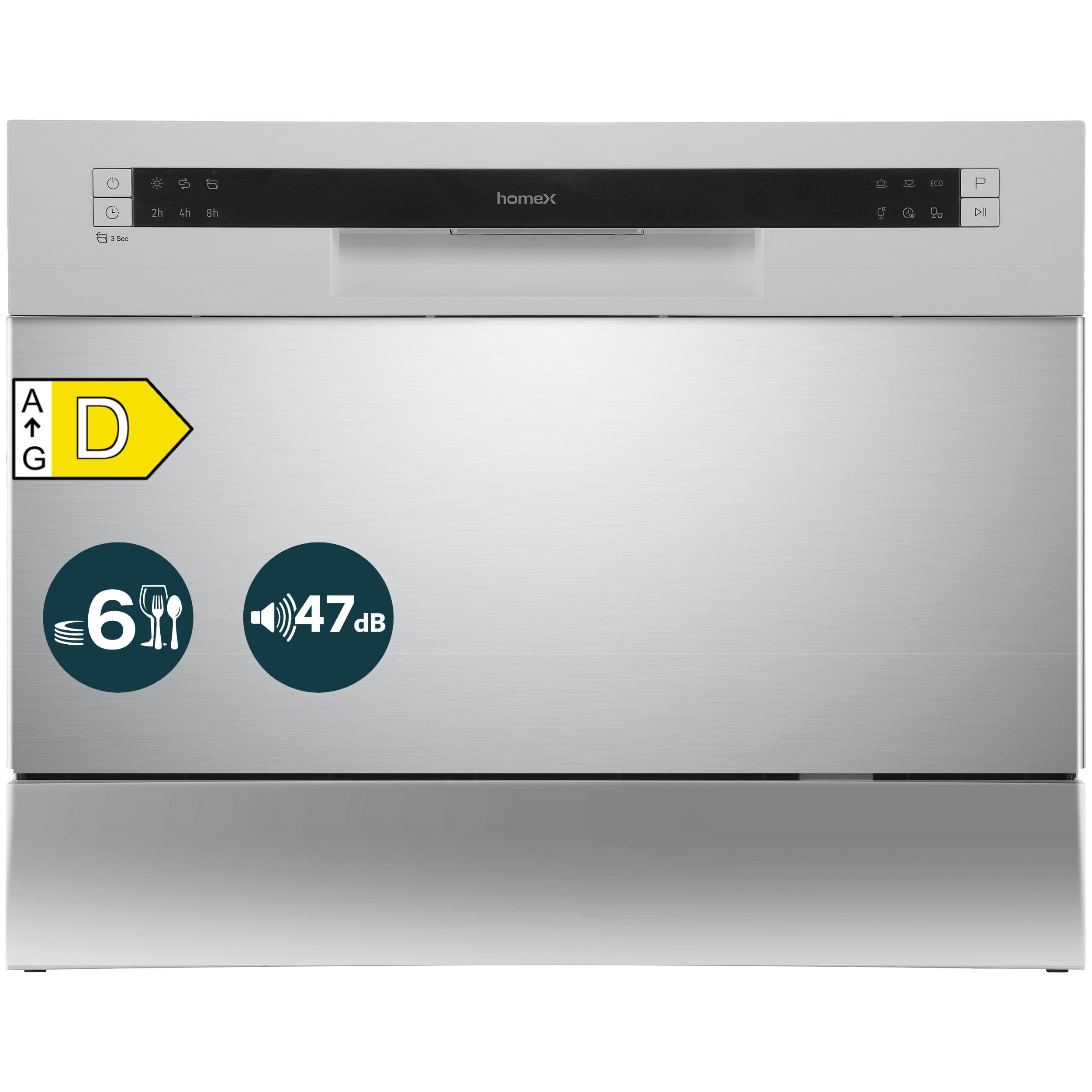 homeX GST6AD-S Tischgeschirrspüler Mini Geschirrspüler für 6 Maßgedecke | 6 Programme, Spülmaschine klein, AquaStop, automatische Türöffnung, ideal für kleine Wohnungen, Tischspülmaschine, silber