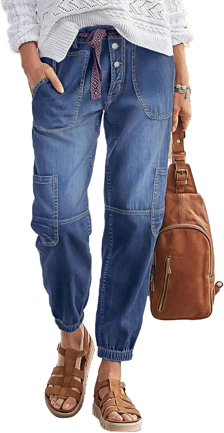 Flamingals Straight Leg Button Fly Jeans for Women Multi Pocket Mid Rise Jeans Without Belt Barrel Pants 27" Inseam