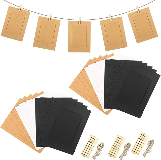 30Pcs Paper Photo Frame with 30Pcs Clips and 3Pcs Hemp Ropes, 6x4 Inch DIY Kraft Cardboard Picture Frames, Paper Picture Mats, Hanging Album Frame for Home School Office Wall Decoration (3 Colors)