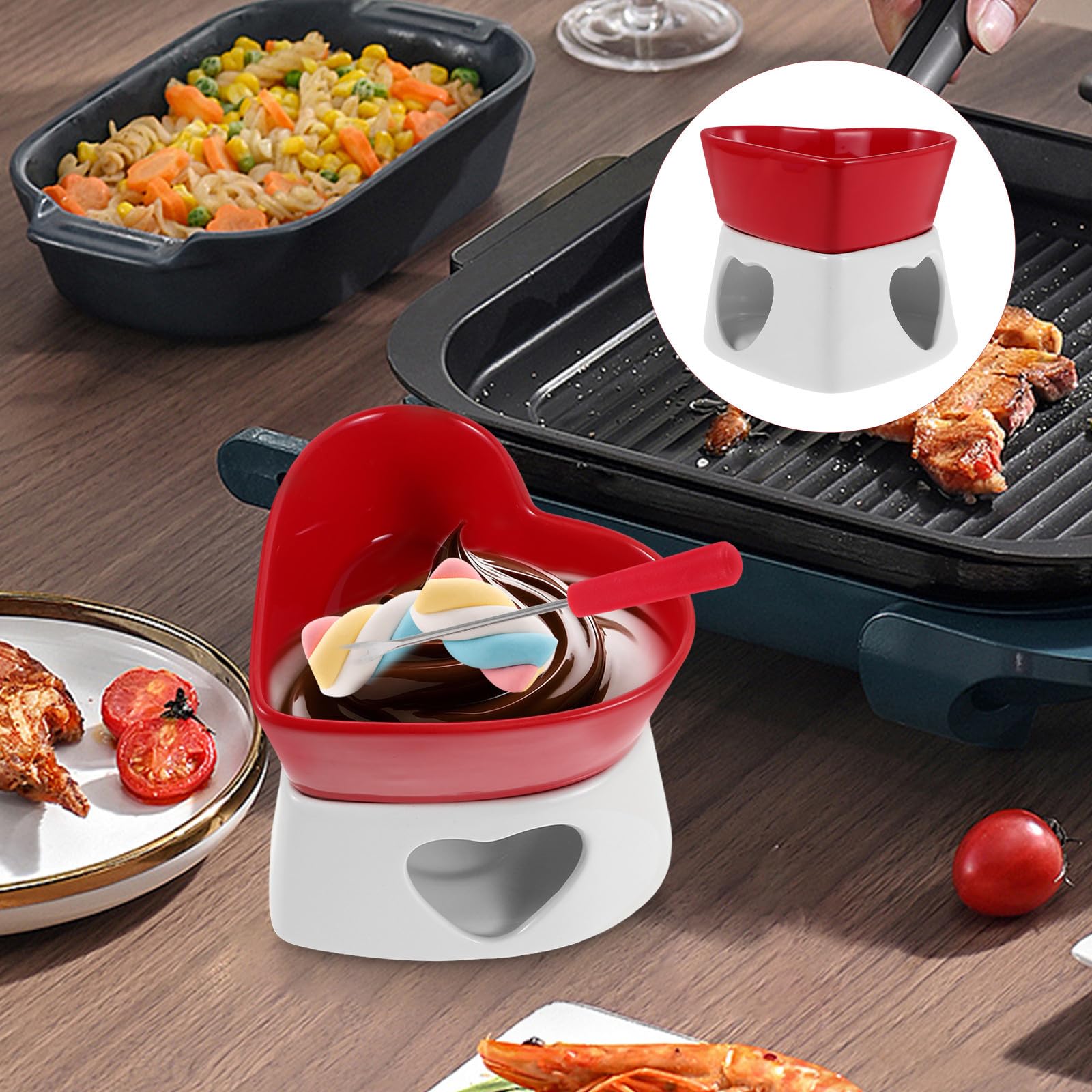 VALICLUD Set Fonduta in Ceramica a Cuore per Cioccolato e Formaggio