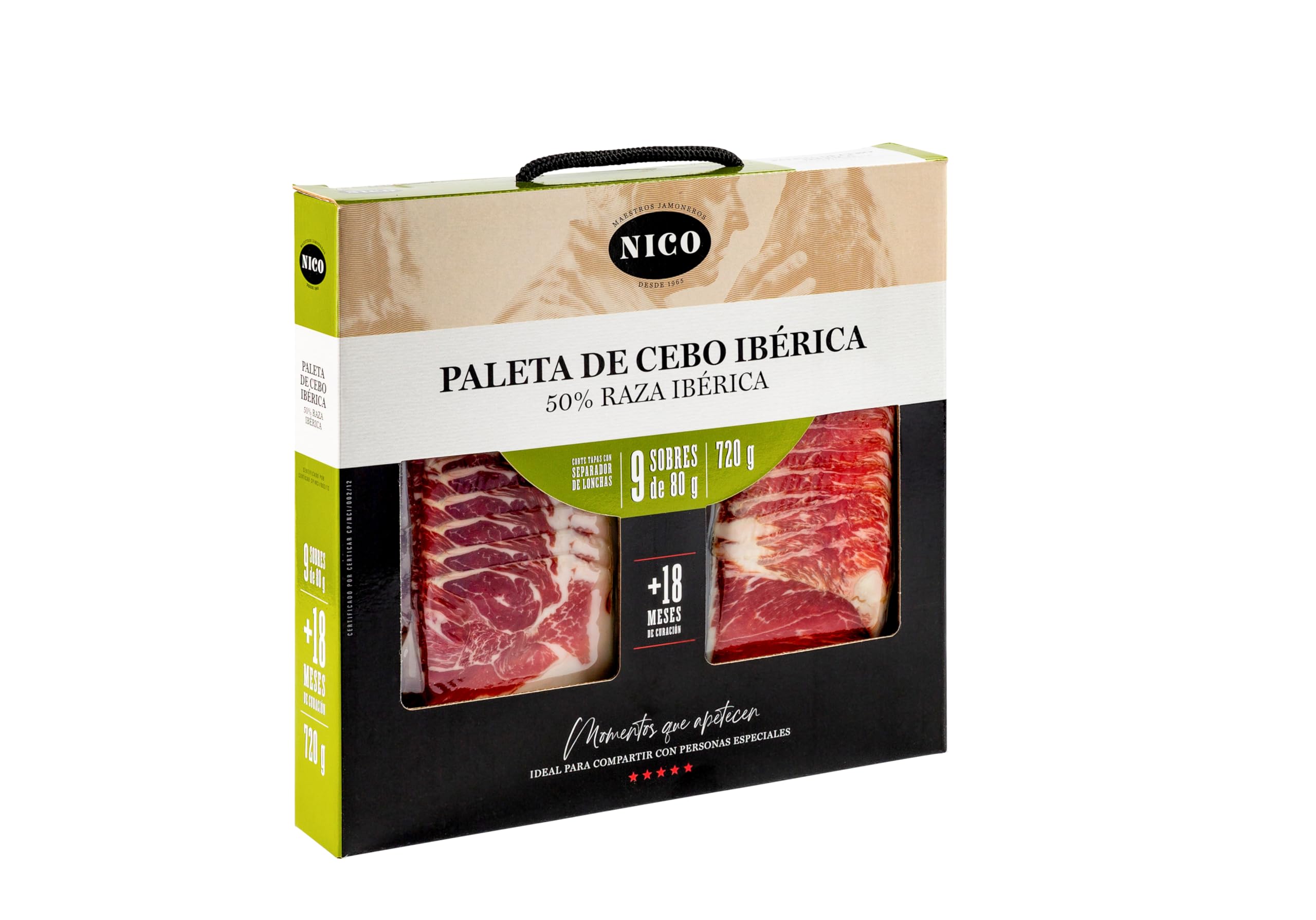 NICO JAMONES - MALETÍN TAPAS DE PALETA DE CEBO IBÉRICA 50% RAZA IBÉRICA. Compuesto por 9 sobres de 80 gr. Una curacion de mas de 18 meses