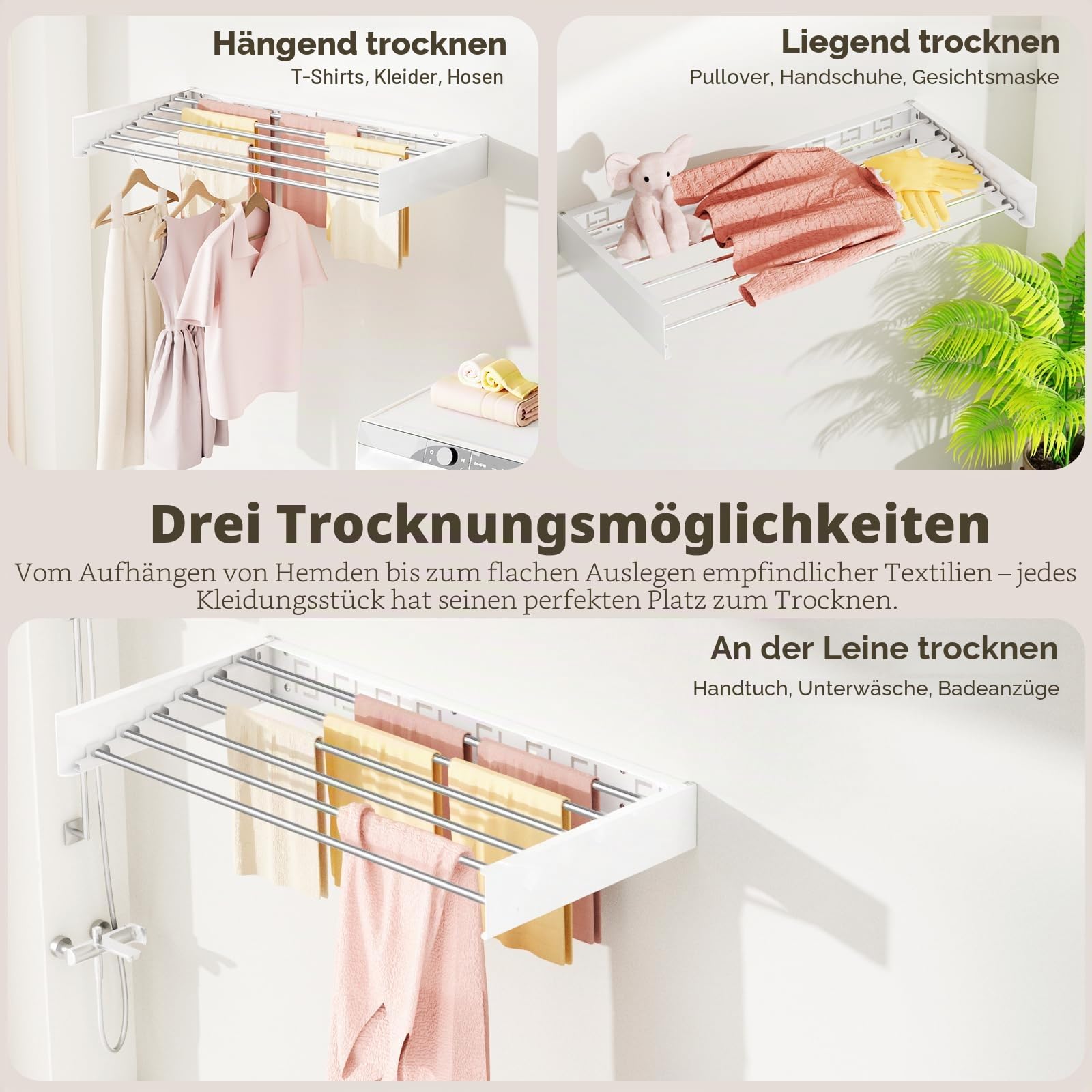 Wandmontierter klappbarer Wäscheständer, Faltbarer unsichtbarer Platzspar-Wäschetrockner, ausziehbarer Handtuchtrockner mit Bohrschablone (6 Trockenstangen, Weiß 100 cm)