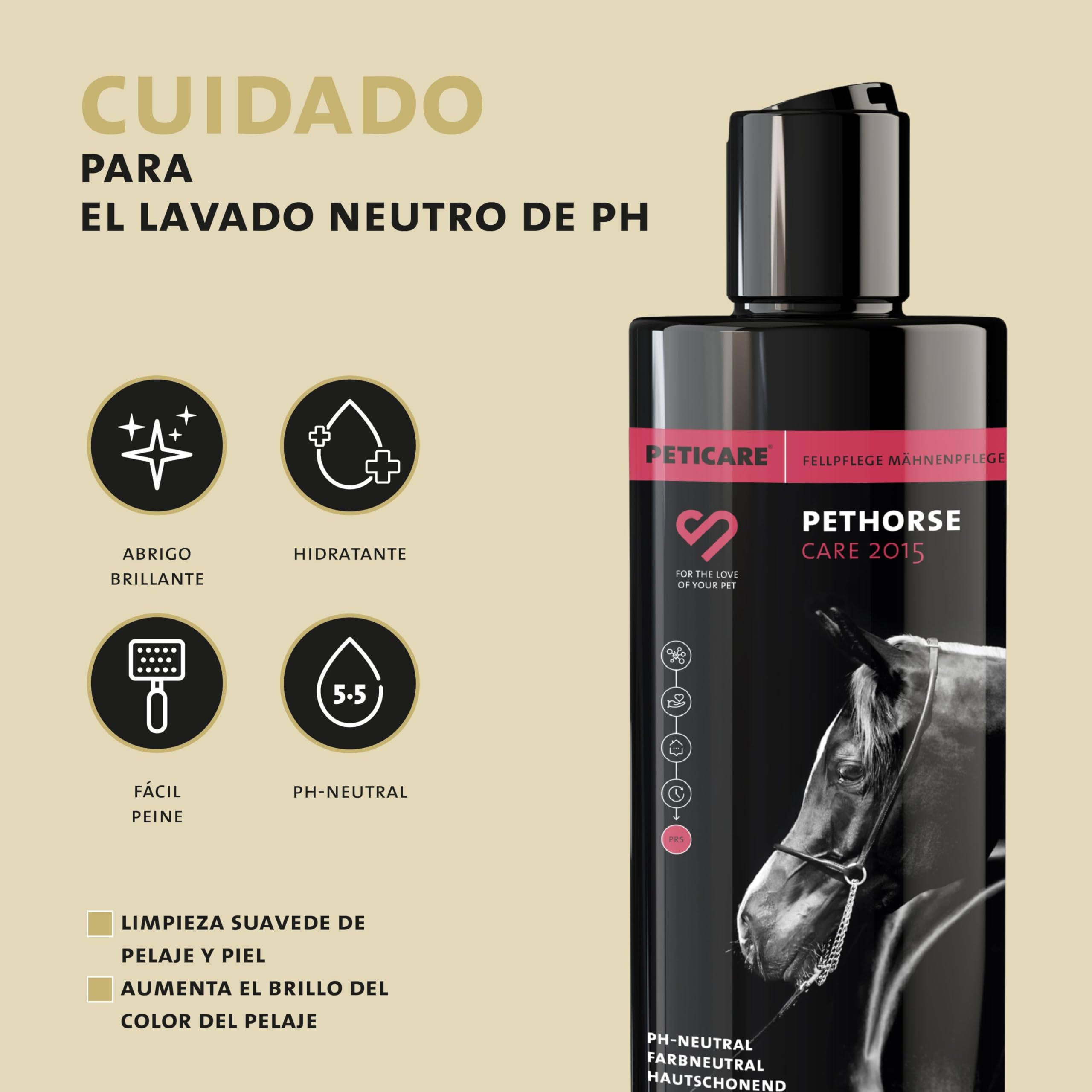 Peticare champú para Caballos - Lavado de Cuidado para Todas Las Razas, Cuidado de la Piel con ph Neutro, Suave y Delicado, facilita el Peinado, para anudar - petHorse Care 2015
