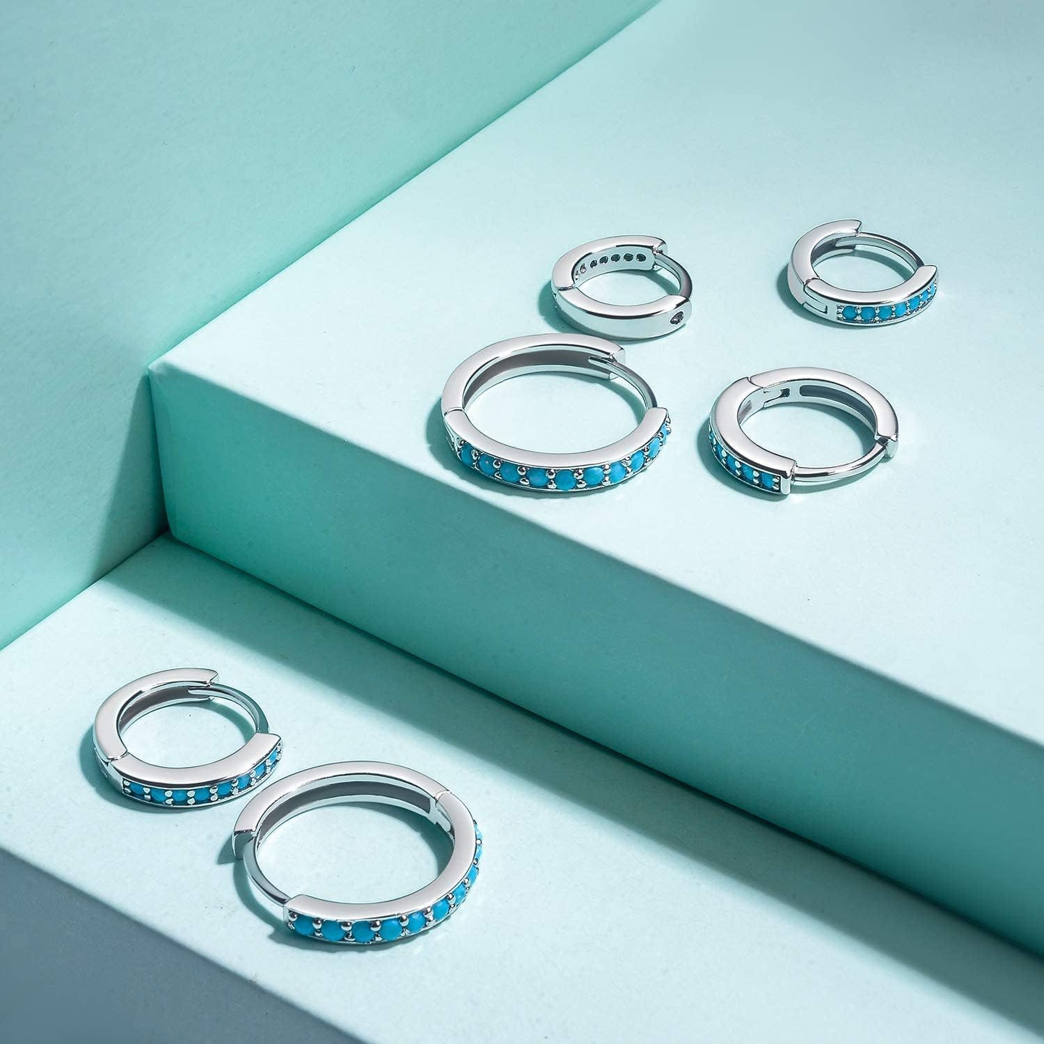 NOKMIT 3 Pairs Mini Hoop Earrings Set Turquoise Cubic Zirconia Huggie Hoop Cartilage Earring Ear Cuff for Women (Turquoise/CZ) - Image 5