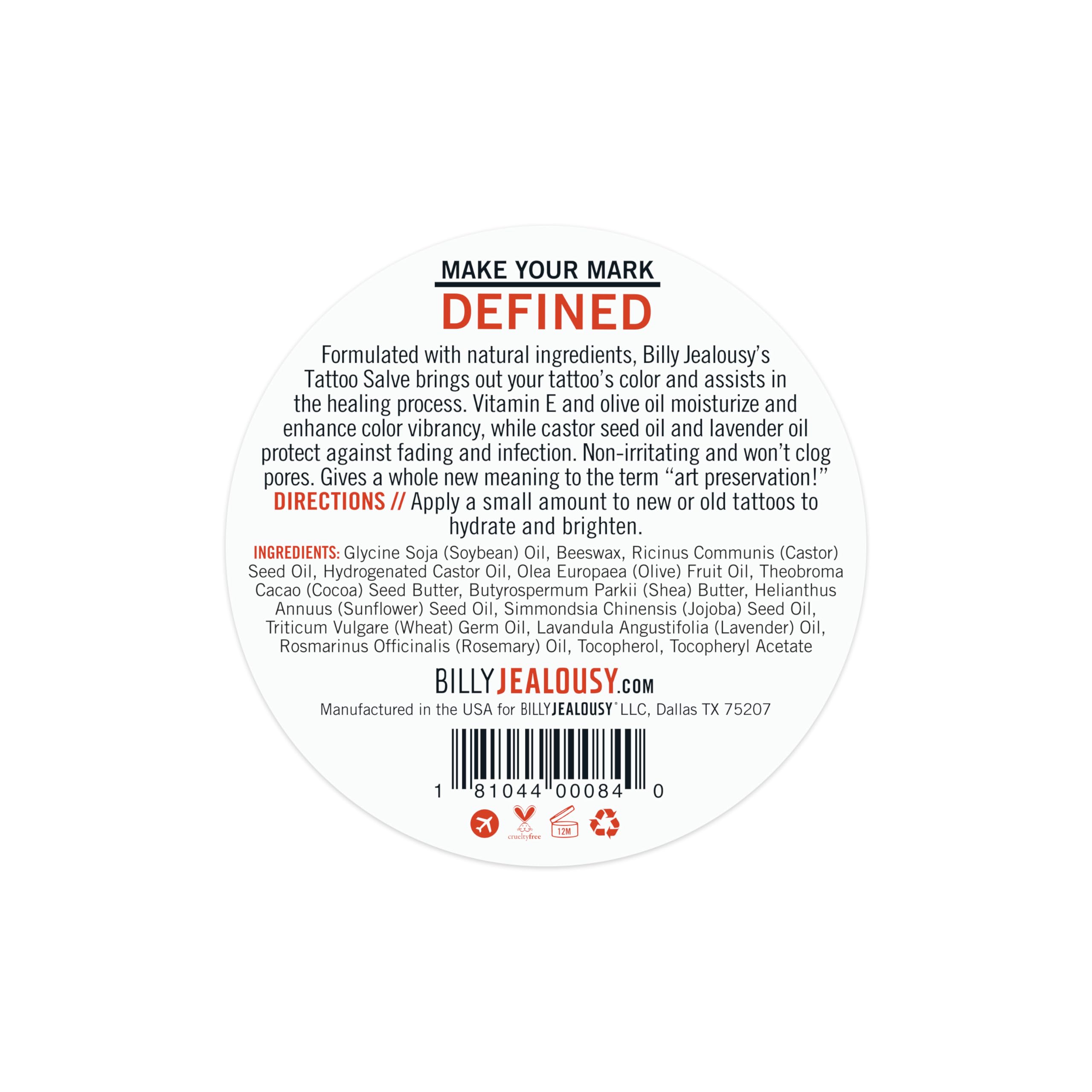 Billy Jealousy Make Your Mark Defined Tattoo Salve, Tattoo Aftercare with Vitamin E and Soybean & Lavender Oils, Protects, Deeply Nourishes, and Enhances Vibrancy, 2 oz
