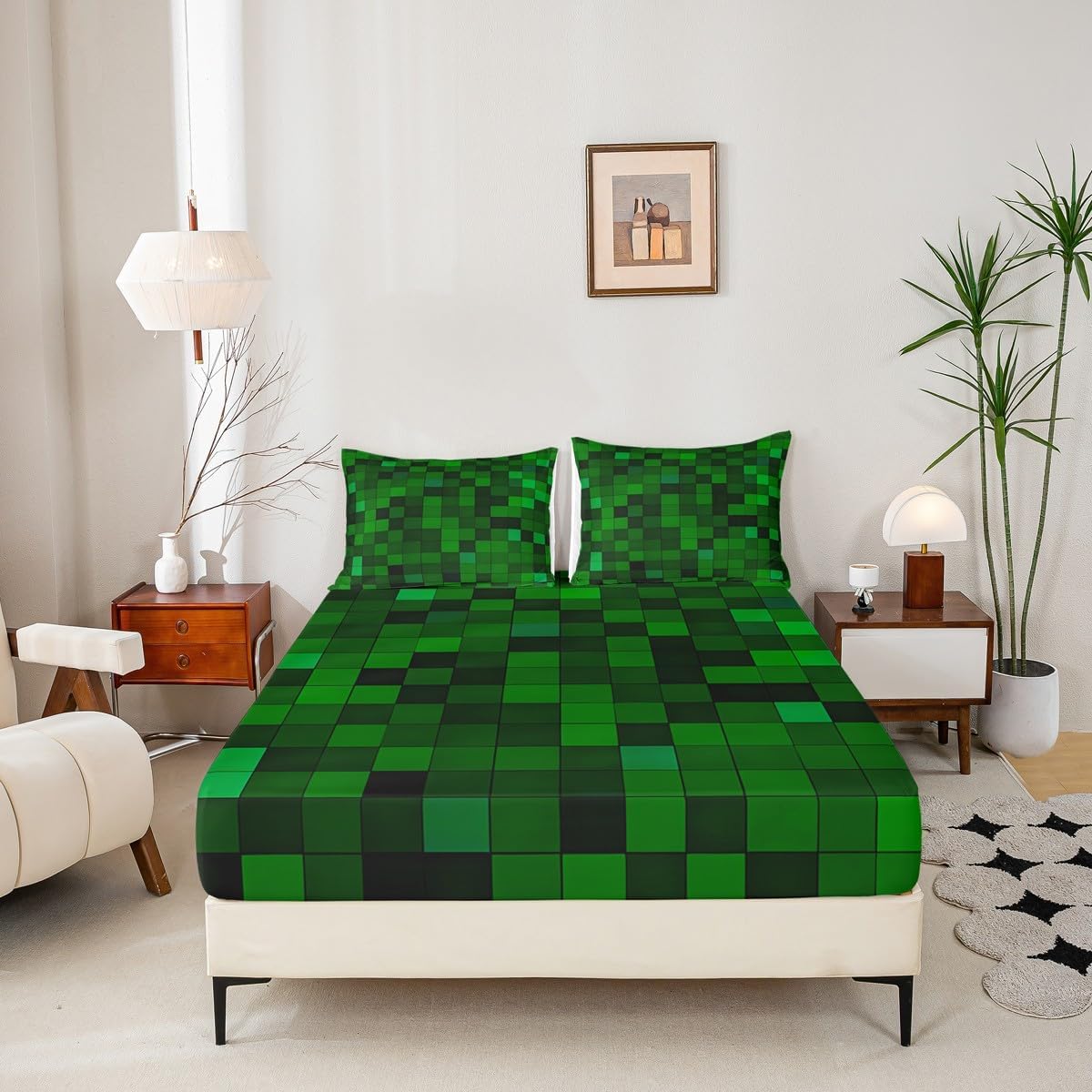 Pixelated Miners Game Kids Twin Size Fitted Sheet,Geometric Check Video Games Boys Girls Bed Sheets,Gamepad Grid Modern Gaming Room Decor,Dark Green Bedding Set,1 Pillowcase(No Flat) image 4