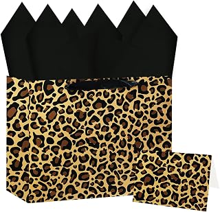 MUNILAIL 33cm(13인치) 레오파드 선물 가방, 대형 치타 프린트 선물 가방, 손잡이 티슈 페이퍼 및 인사말 카드 포함, 정글 사파리 처녀 여아용 생일 테마 파티 종이 선물 가방