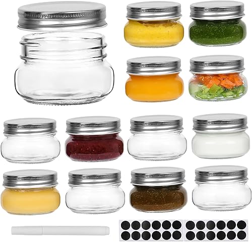 Tarros pequeños de vidrio de 4 onzas, paquete de 12 tarros de conservas de 4.1 fl oz con tapas de boca regular, mini tarros de vidrio con tapas
