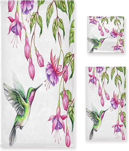 ALAZA Juego de toallas de 3 piezas, juego de toallas de baño exóticas de colibrí tropical con flores fucsias, 1 toalla de baño, 1 toalla de mano, 1