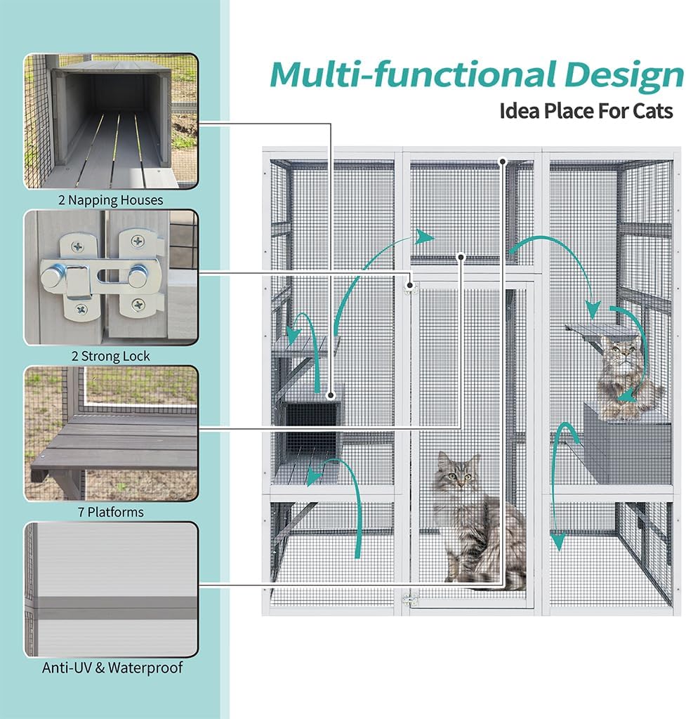 review Large Catio Outdoor Cat Enclosure Solid Wood Cat House with Waterproof Roof, 7 Platforms and 2 Resting Boxes, Walk-in Kitty Kennel Condo Shelter for Multiple Cats, 62.6