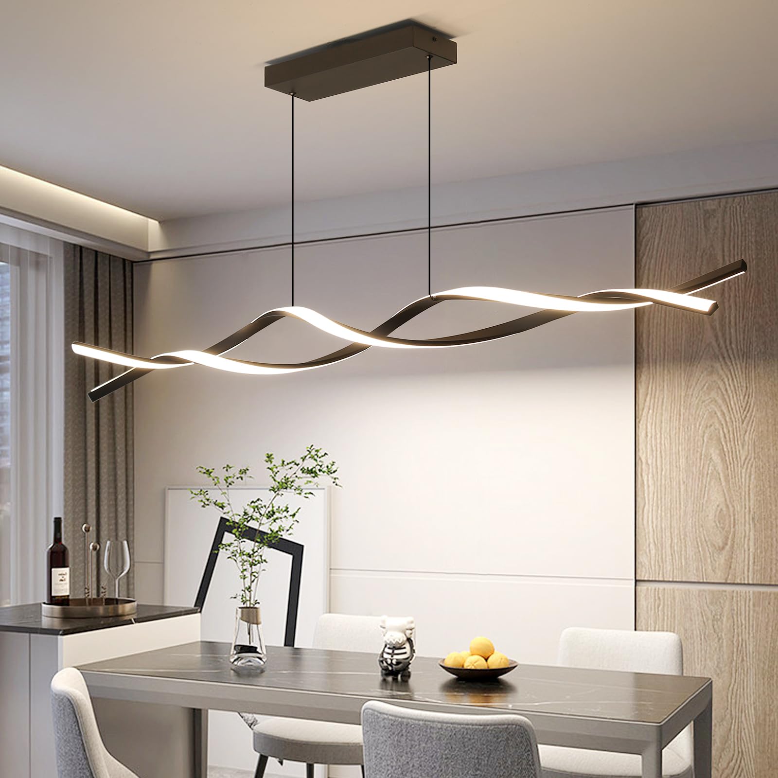 Mikeru 150CM Wave Pendant Light, Modern Black Wave Island Lights 3000K/4500K/6000K 3 Color 10%-100% Dimmable Linear Chandelier Adjustable Cable Length 1CM to 150CM for Dining Room, Living Room