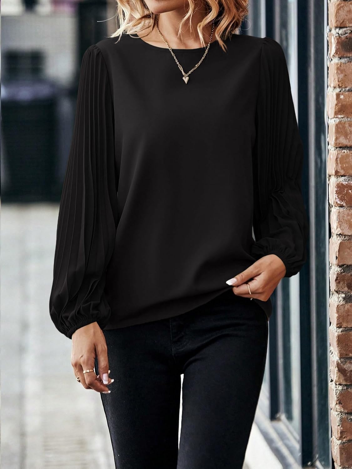 Samefar Womens Pleated Lantern Sleeve Lace Tops Dressy Casual Crewneck Fall Loose Fit Business Work Chiffon Blouses - Image 2