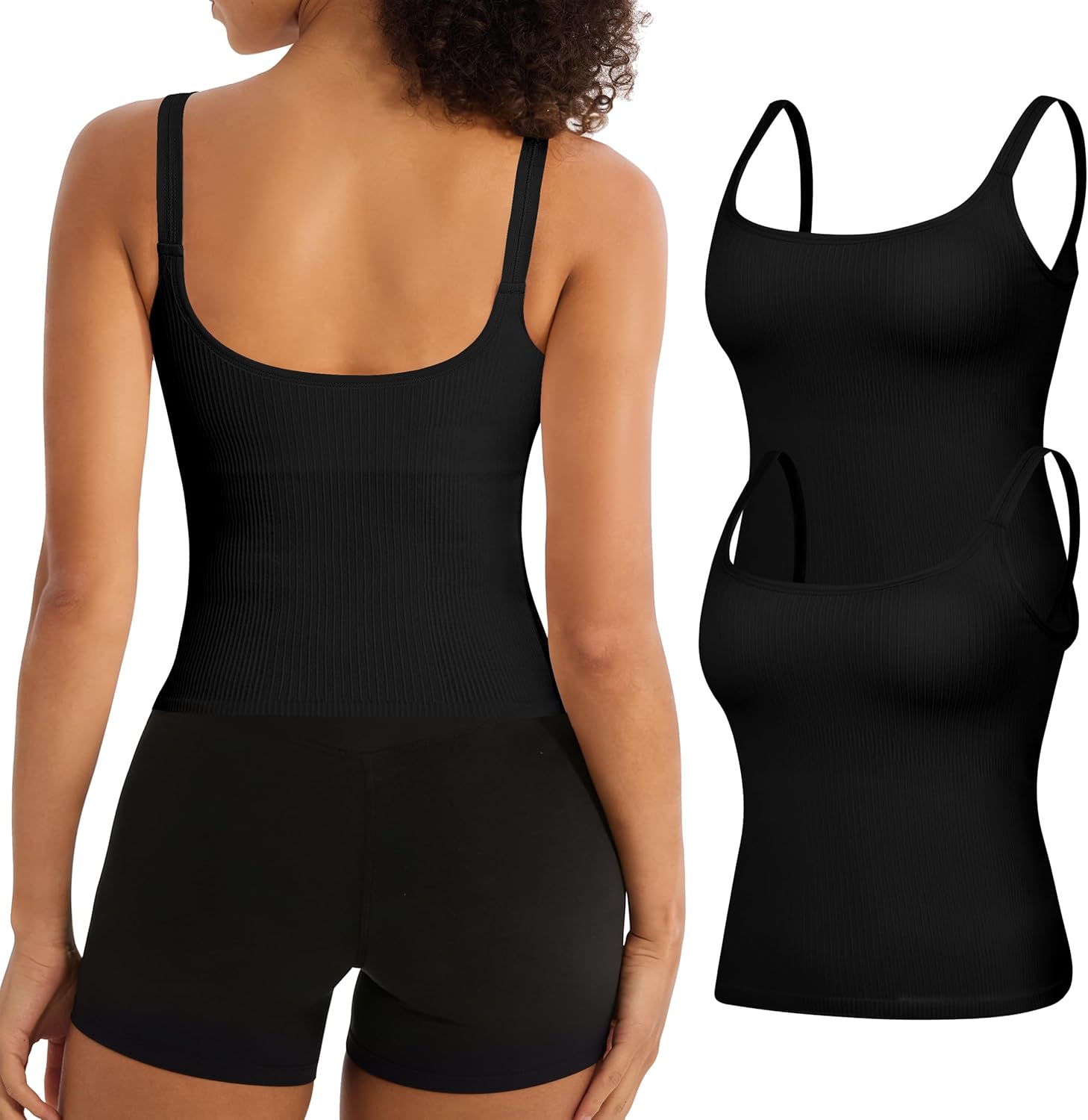 2 Pack Womens Workout Tank Tops with Built in Bra U Back Seamless Ribbed Athletic Yoga Gym Crop Top Camisole