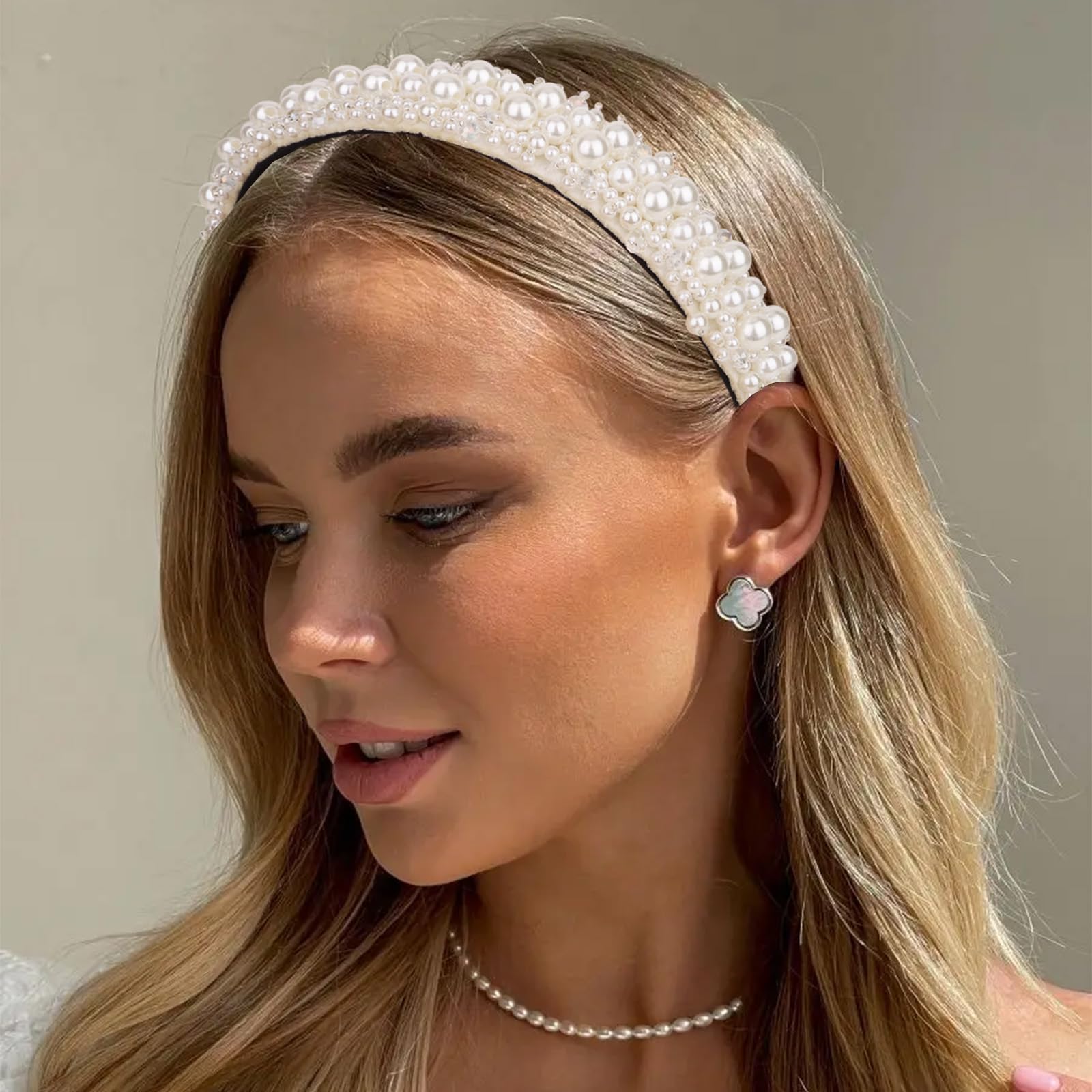 New Handmade White Pearl Beaded Embellished Jeweled Headband Hair Accesories Persephone Ivory Chunky Pearl Headband main image 4