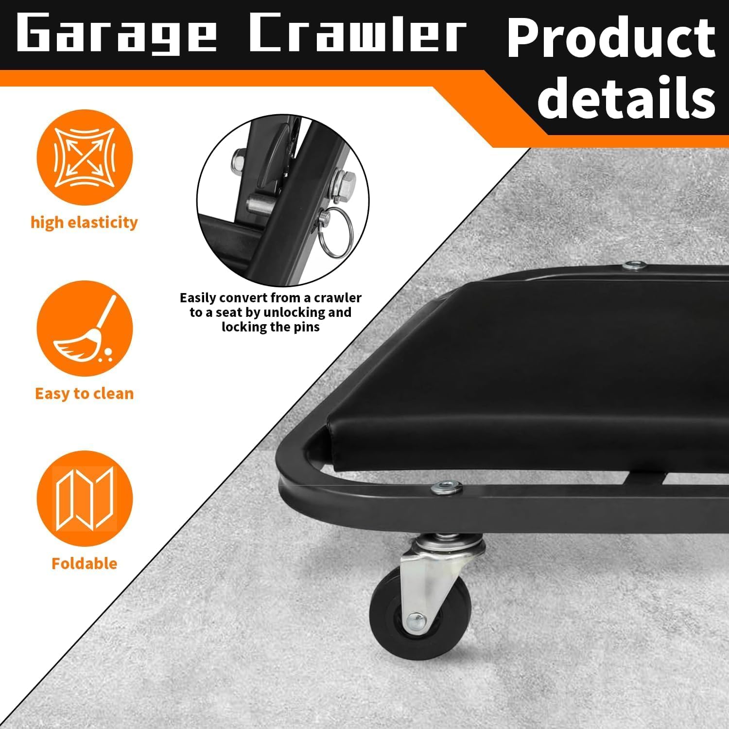 36" Folding Mechanics Creeper Seat, 350LBS, 2-in-1 Heavy-Duty