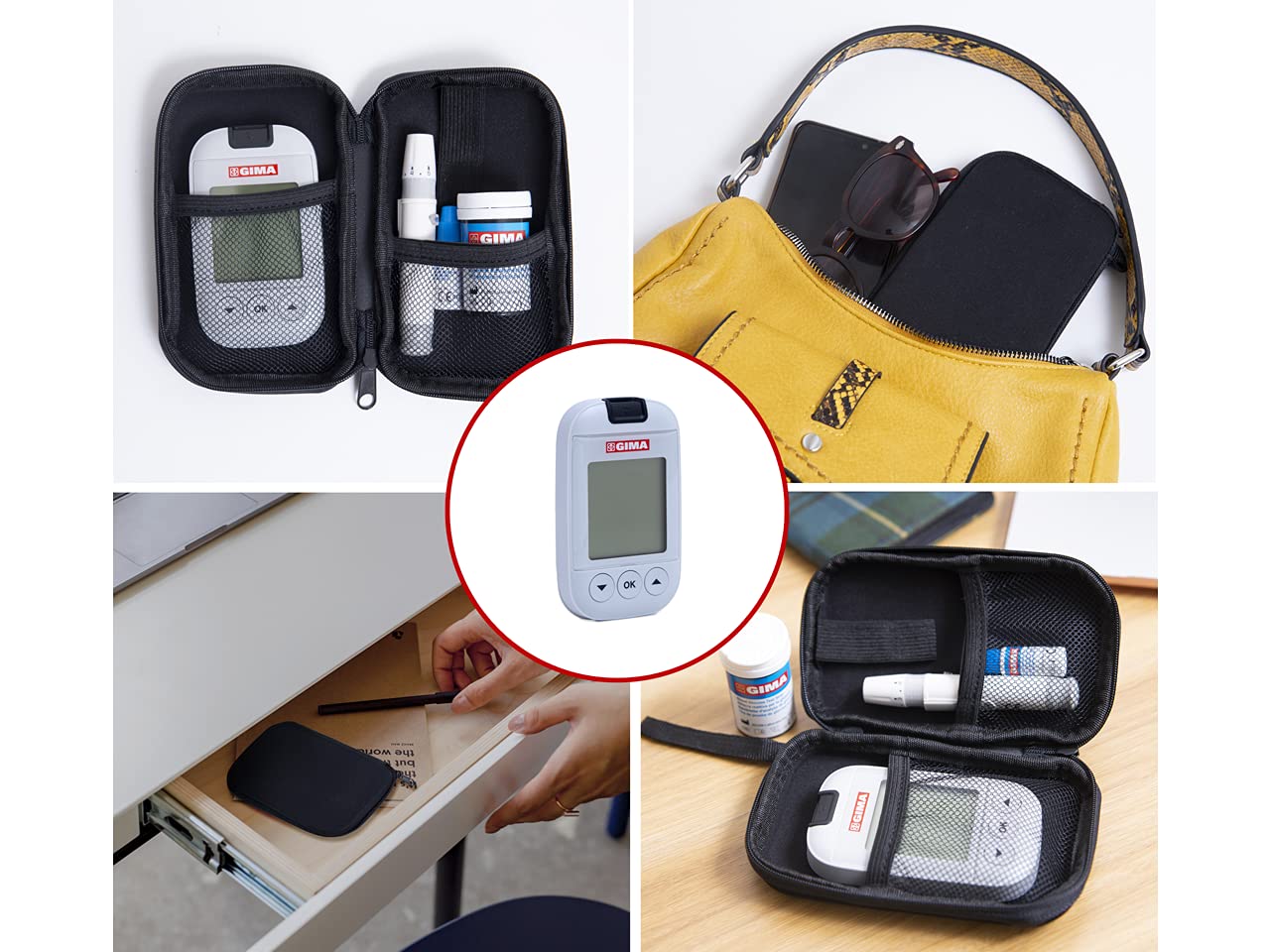 GIMA Misuratore Glicemia Glucometro Kit Completo Per Il Controllo e Il Monitoraggio Del Glucosio Nel Sangue Con 10 Strisce Soluzione Di Controllo 10 Lancette Sterili Penna Pungidito, GB,FR,ES,PT