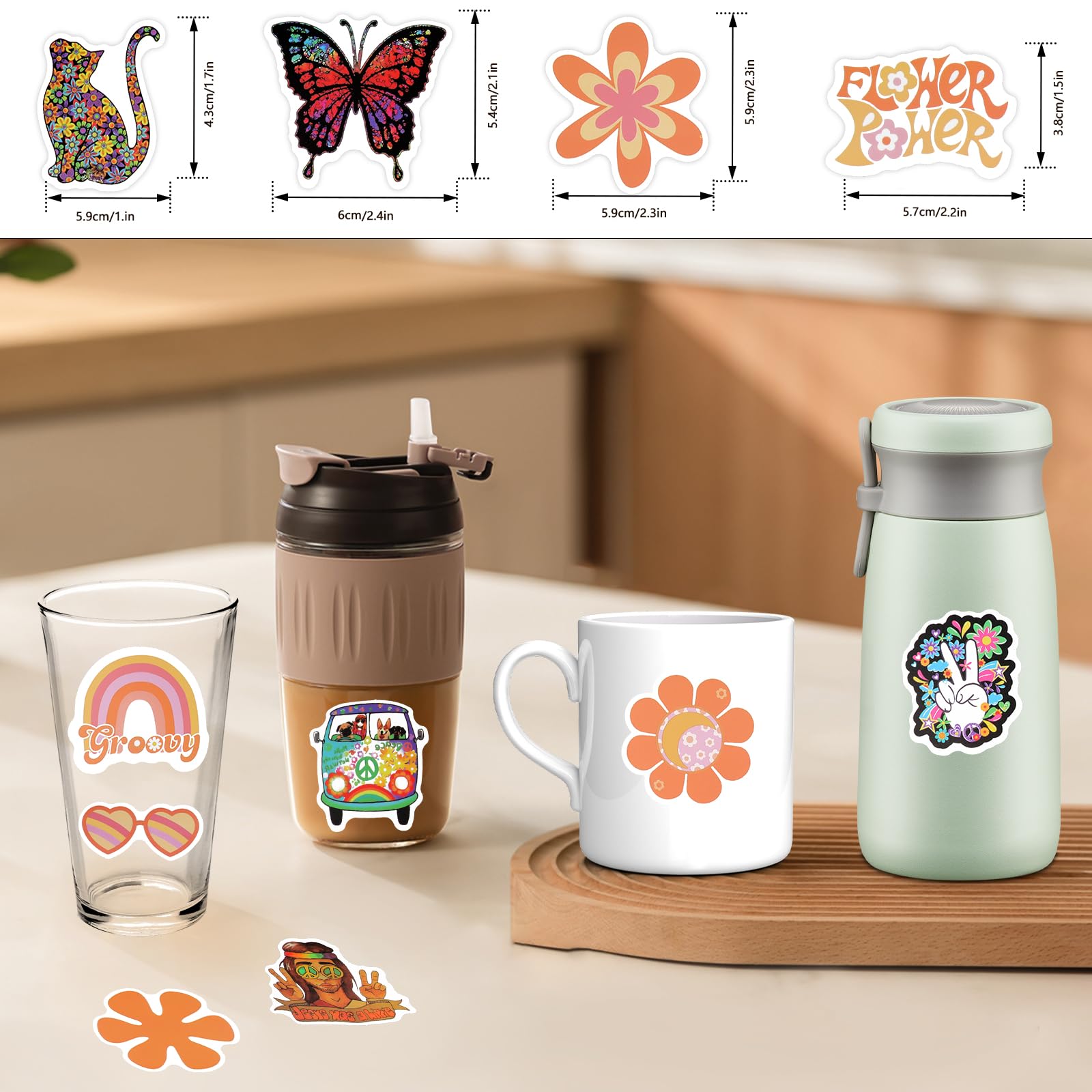 100 Adesivi Groovy Hippie Boho – Fiori Margherita, Pastello, Retro Anni 60-80 Per Bottiglie, Valigie, Bici