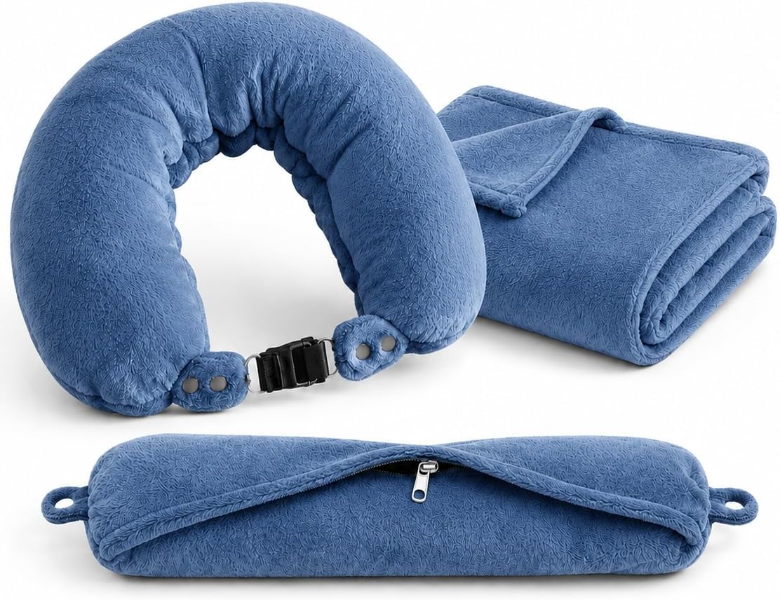 LILLE & CO. 3-in-1 Travel Neck Pillow with Blanket & Carry Bag – Soft Flannel Blanket Set, Convertible U-Shaped Pillow, Compact Travel Kit for Airplane, Car, Camping | Soft Flannel Blanket Set, Convertible U-Shaped Pillow, Compact Travel Kit, For Airplane, Car, Camping