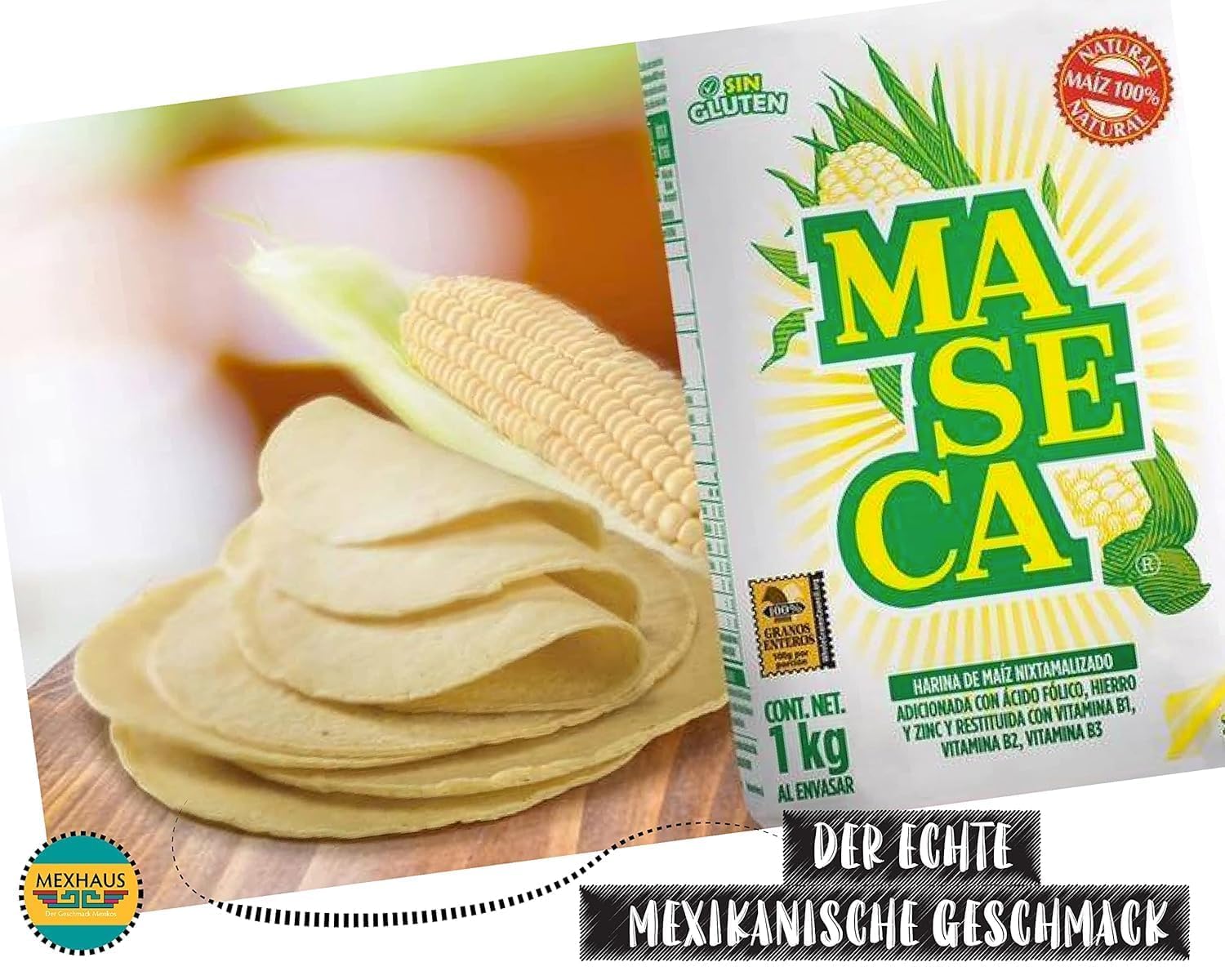 Mexican Corn Flour Maseca Harina de Maíz de México 10 x 1 kg | Sin Gluten | Ideal para Tortillas, Tamales, Tacos y Gorditas | Auténtica Masa Harina Mexicana con Pegatina Kajal Sticker