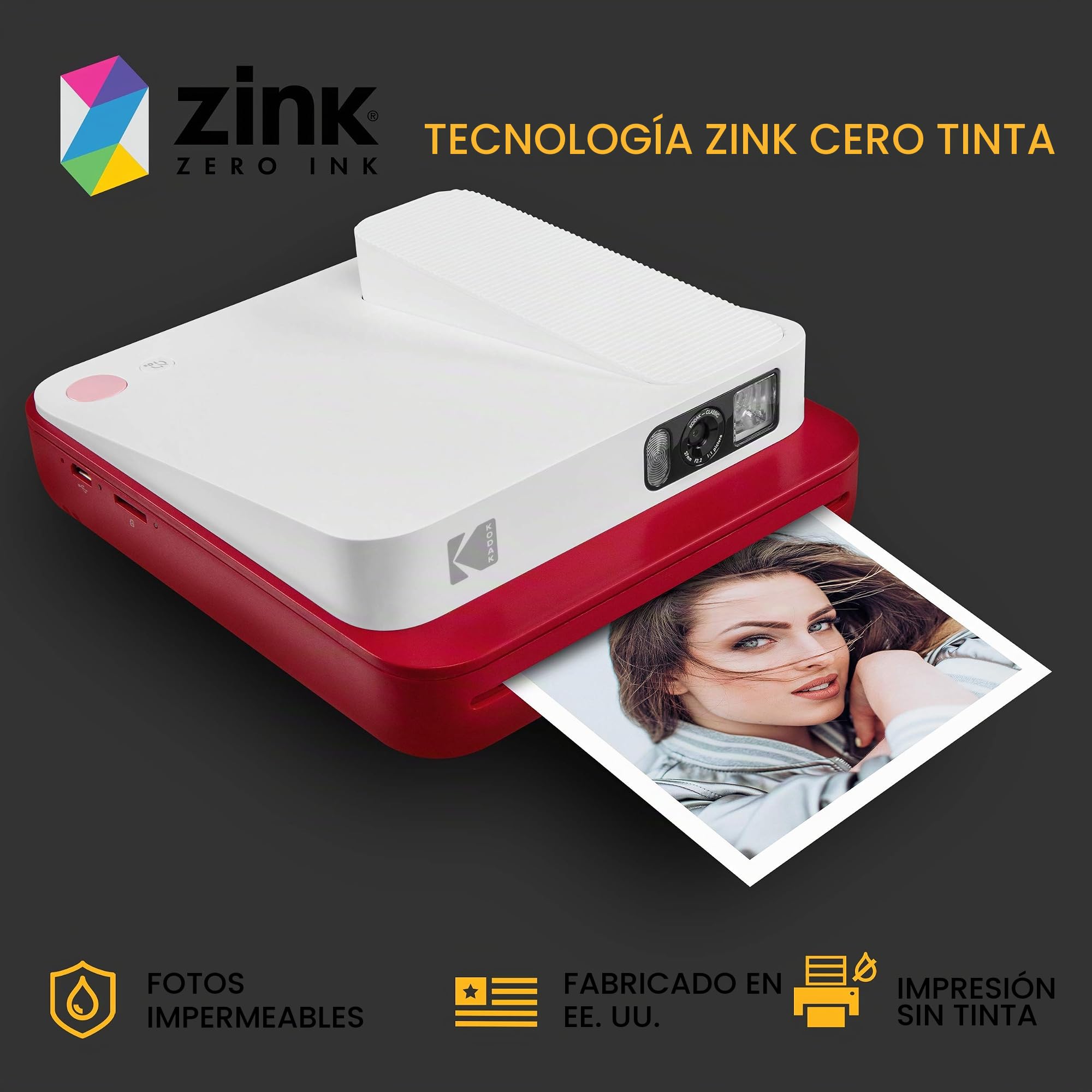 KODAK SMILE Classic Cámara Instantánea Digital c/Bluetooth, 16MP, 35 impresiones p/carga, Incluye papel ZINK 3,5 x 4,25", marcos con stickers, Roja