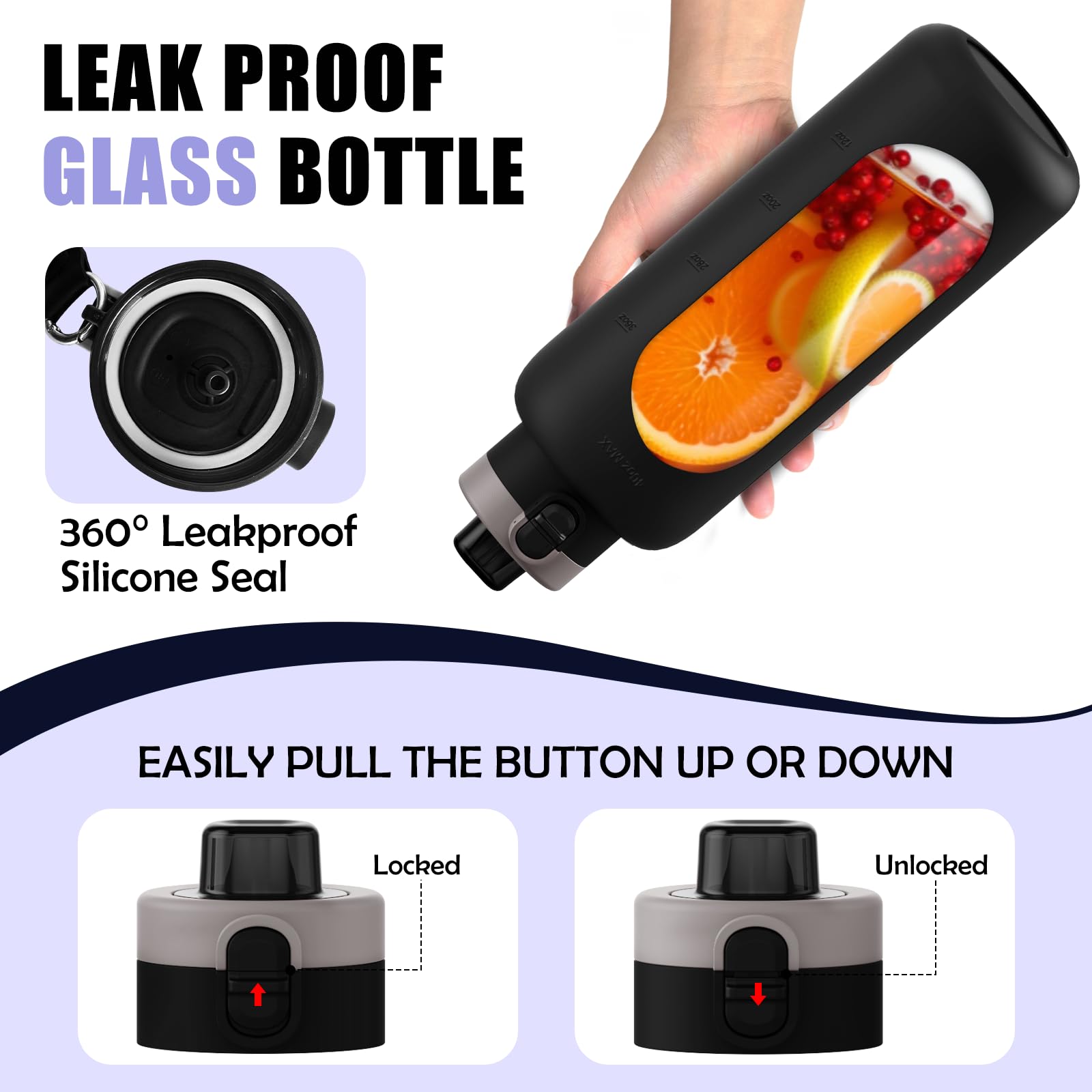 ANOTION Botella de agua de vidrio de 40 onzas, botella de agua deportiva grande con tapa de doble bebida, botellas de vidrio transparente a prueba de fugas con popote, jarra motivacional con funda de