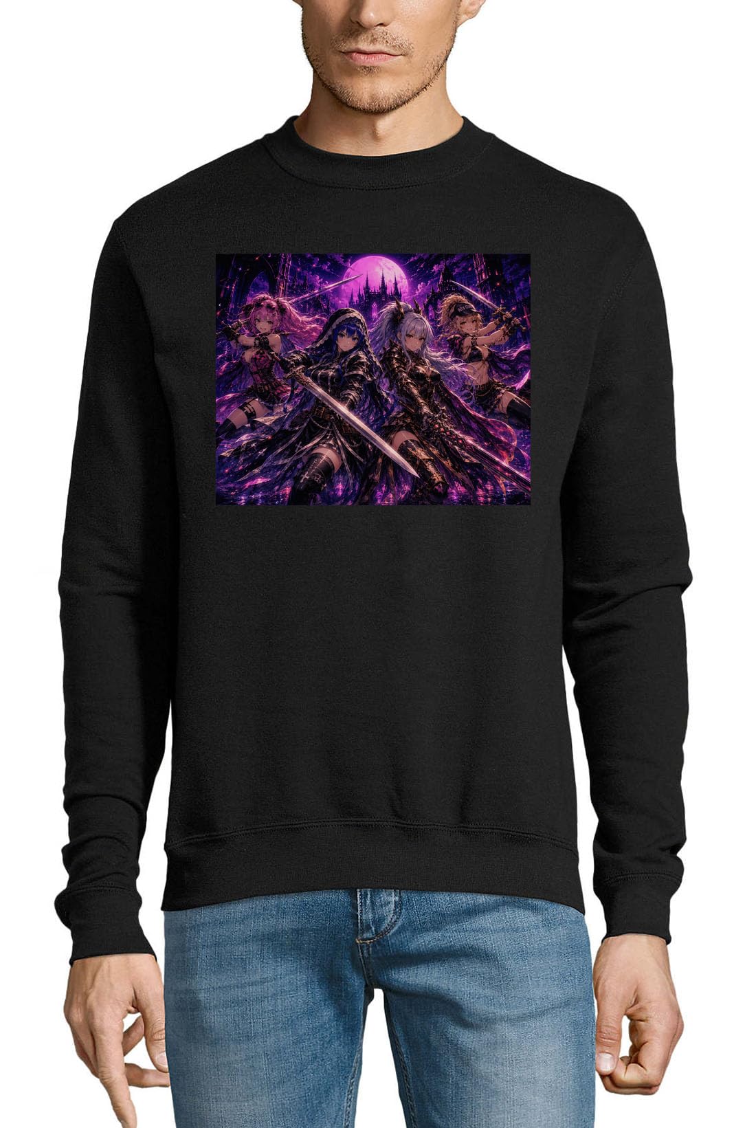 Dark Fantasy Warriors Under Moonlight Baumwoll-Pullover, Sweatshirt, Pullover, Schwarz, Größe M