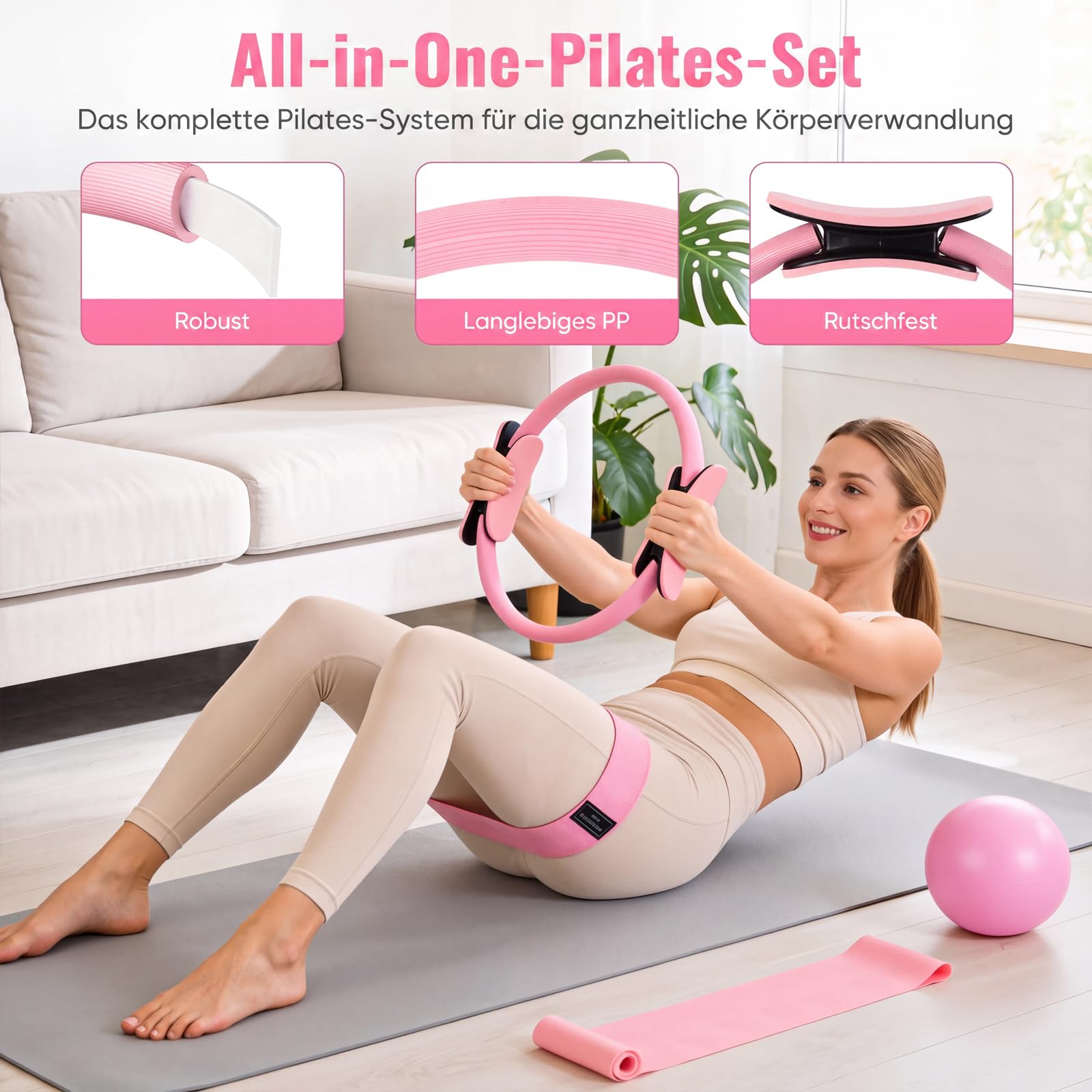 Pilates Set für Damen – Heimtrainings-Set mit Pilates Ring, Fitnessball, Widerstandsbänder mit Knöchelmanschetten, Anti-Rutsch Socken, Massageball – Pilates Zubehör für Yoga & Ganzkörper-Workout