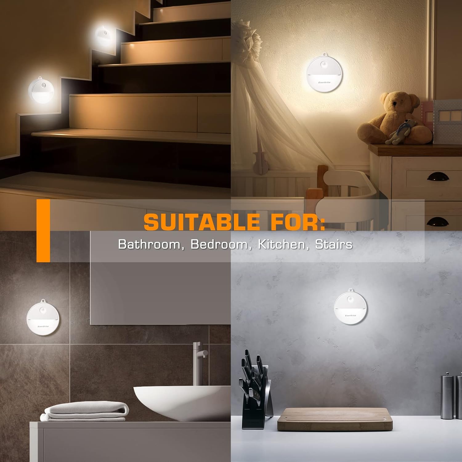 Collage showing the EverBrite night light used in a bathroom, kitchen, bedroom, and on stairs.