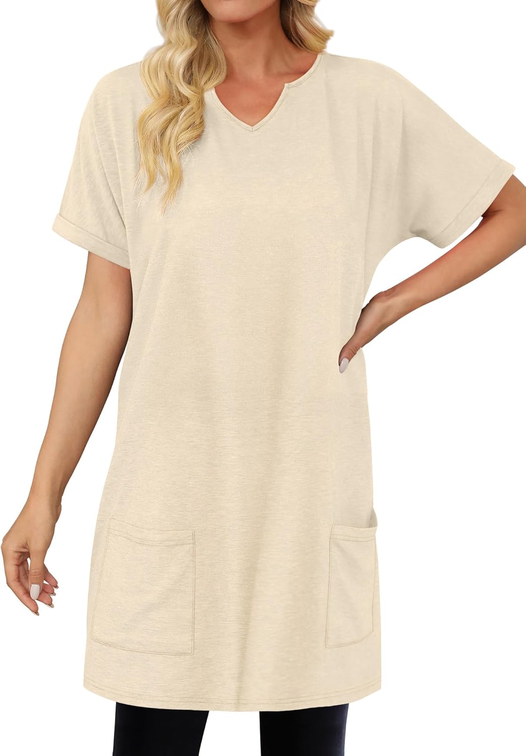 KISSMODA Woman Lightweight Dress with Hood Short Sleeve Summer Loose Pullovers with Pockets Long Tunics Top for Leggings - Image 4